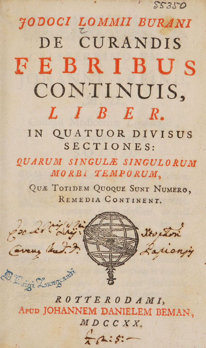 $5350 3 QoDO CI L OMMII BURANI pE CURANDIS LIRBRIBUS CONIINUIS, LIO ELA IN QUATUOR DIVISUS SECTIONES: QUARUM SINGULA SINGULORUM MORBi TEMPORUM, Quz ToribEM QuoquEÉ Suxr Nowzno, REMEDIA CONTINENT. YD qm SM EL E | ROTTERODAHAMI, pon » JOHANNEM DANIELEM BEMAN, MDCCXX, fa in