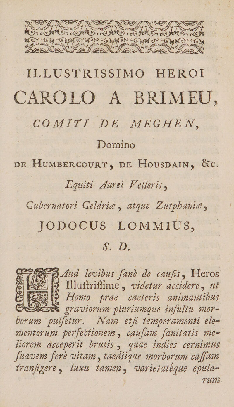 RC ONE TECIETARTMA VACUA QUE ILLUSTRISSIMO HEROI CAROLO A BRIMEU, COMITI DE MEGHEN, | Domino DE Hostis , DE HouspAIN, Cc. | Equiti Aurei. Felleris , Gubernatori Geldrie , atque. Zutpbanie , JODOCUS LOMMIUS, | 8. D. mud levibus fané de caufis, Fleros ? [Dlluftriffime, videtur accidere, ut mw 9 Jdomo prae caeteris animantibus cum oraviorum pluriumque iufultu asor- Won pulfetur. . Nam etfi lemperamenti ele- mentorum. perfe&amp;ionem , cau[am [amitatis sme- lorems ácceperit brutis , quae indies cermümus f«avem ferà vitam , taediique morborum caffam Sanfgere, luxu tamen, varietateque epula- YU.