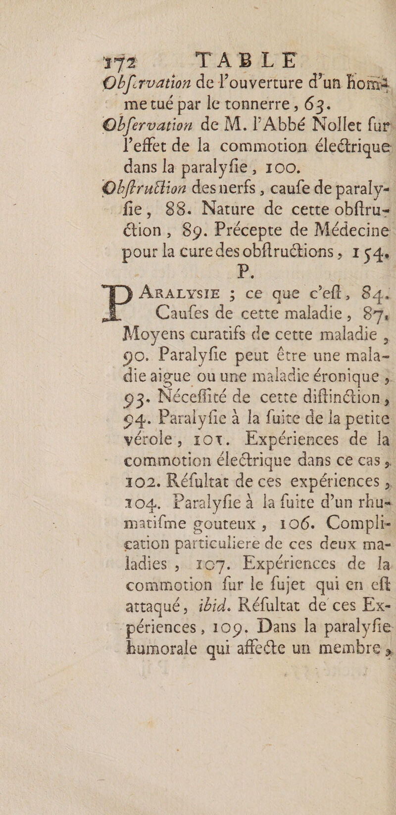 Obfervation de l'ouverture d’un hors. me tué par le tonnerre , 63. | Obfervation de M. l'Abbé Nollet fur: l'effet de la commotion éleétrique: dans la paralyfie, 100. ere des nerfs , caufe de paraly- fie, 88. Nature de cette obftru= ad | Bo! Précepte de Médecine pour la cure des obfiruétions ; 1 $4 | P. ARALYSIE ; ce que ce, 84. Caufes de cette maladie, 87 Moyens curatifs de cette maladie , 90. Paralyfie peut être une mala- die aigue ou une maladie éronique , 93- Néceflité de cette diftinétion, 94. Paralyfe à la fuite de la petite vérole, 101. Expériences de la commotion électrique dans ce cas, 102. Réfultat de ces expériences , 104. Paralyfe à la fuite d’un rhus matifme gouteux , 106. Compli- cation particuliere de ces deux ma- ladies , 107. Expériences de la commotion fur le fujet qui en eft attaqué, ibid. Réfalrar de ces Ex- ‘périences, 109. Dans la paralyfie. humorale qui affecte un membre,