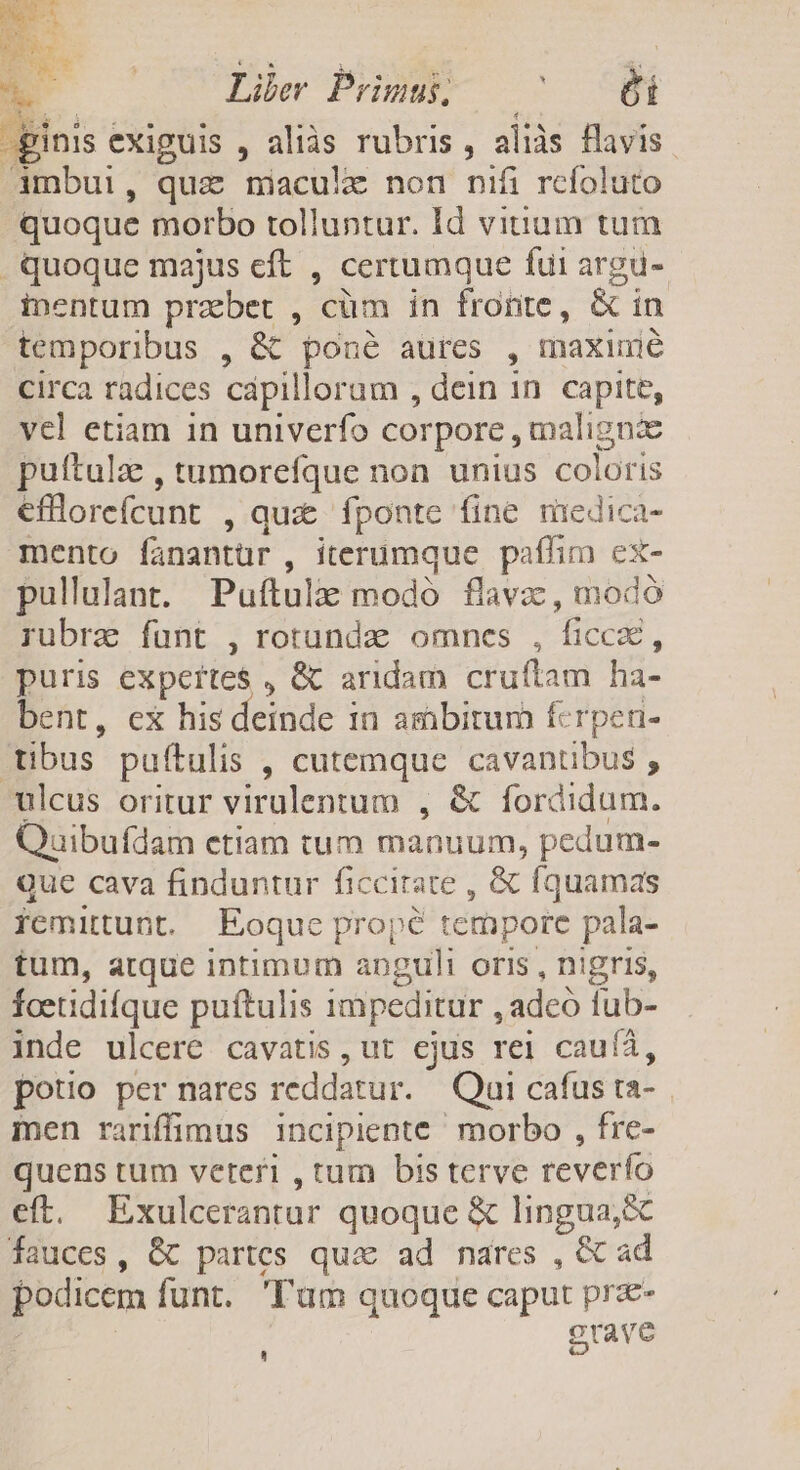 E Ehe Prime ^ Wh -pinis exiguis , aliàs rubris, aliàs flavis. Ambui, quz miaculx non nifi refoluto quoque morbo tolluntur. Id vinum tum . quoque majus cft , certumque fui argu- inentum przbet , cüm in fronte, &amp; in temporibus , &amp; poné aures , maxime circa radices cápillorum , dein in. capite, vel etiam in univerfo corpore , malignze puítula , tumorefque non unius coloris efllorefcunt , quz íponte fine medica- mento fanantür , iterumque paffim ex- pullulant. Puftule modo flavz, modo rubre funt , rotunda omnes , ficcz, puris expertes , &amp; aridam cruítam ha- bent, ex his deinde in ambitum fcrpen- tibus puftulis , cutemque cavantibus , ulcus oritur virulentum , &amp; fordidum. Quibufdam ctiam tum manuum, pedum- Que cava finduntur ficcitate , &amp; fquamas remittunt. | Eoque propé tempore pala- tum, atque intimum anguli oris , nigris, foeudifque puftulis impeditur , adcó fub- inde ulcere cavatis, ut ejus rei cauíá, potio per nares reddatur. Qui cafus ta- men rariffimus incipiente morbo , fre- quens tum veteri , tum bis terve reverfo eft, Exulcerantur quoque &amp; lingua; fauces, &amp; partes quac ad nares , &amp; ad podicem funt. 'T'am quoque caput prz grave
