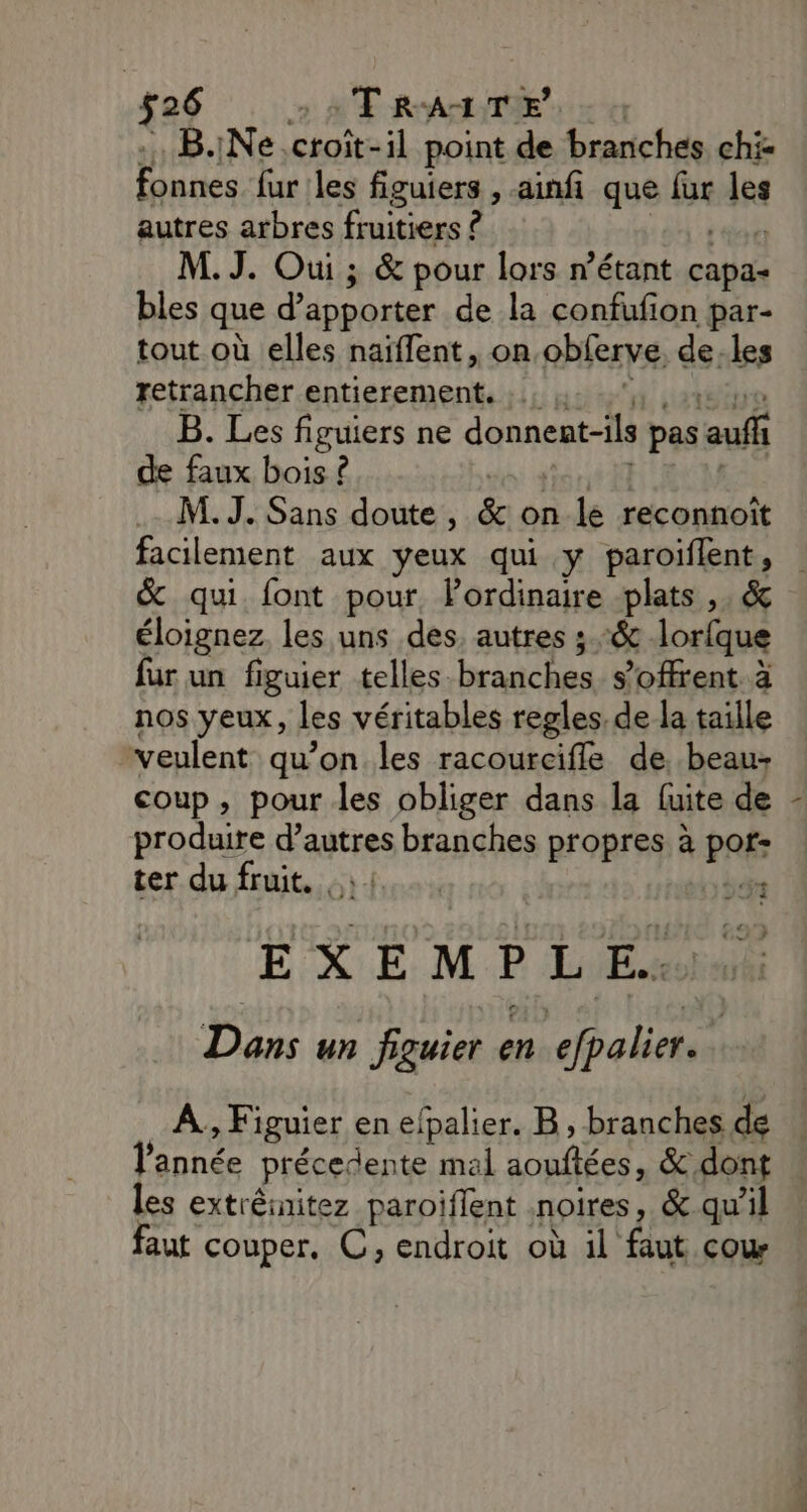 B. Ne: croît-il point de branches chi: Duties fur les figuiers , -ainfi que be les autres arbres fruitiers ? M. J. Oui ; & pour lors n'étant cop bles que d'apporter de la confufion par- tout où elles naïflent, on obferve de-les retrancher entierement. :, . B. Les figuiers ne donnent-ils pas auff de faux bois ? M. J. Sans doute, & on le reconnoît facilement aux yeux qui y paroiflent, & qui font pour Pordinaire plats ,. & éloignez. les uns des. autres ; :& lorfque fur un figuier telles. branches s’offrent à nos yeux, les véritables regles, de la taille veulent qu’on les racourcifle de. .beau- coup, pour les obliger dans la fuite de produire Gates branches propres à por ter du fruit. : EXEMPLE. Dans un figuier en efpalier. À, Figuier en efpalier. B, branches de féonee précedente mal aouftées, & dont les extrênitez paroiflent noires, & qu’il faut couper, C, endroit où il faut cour