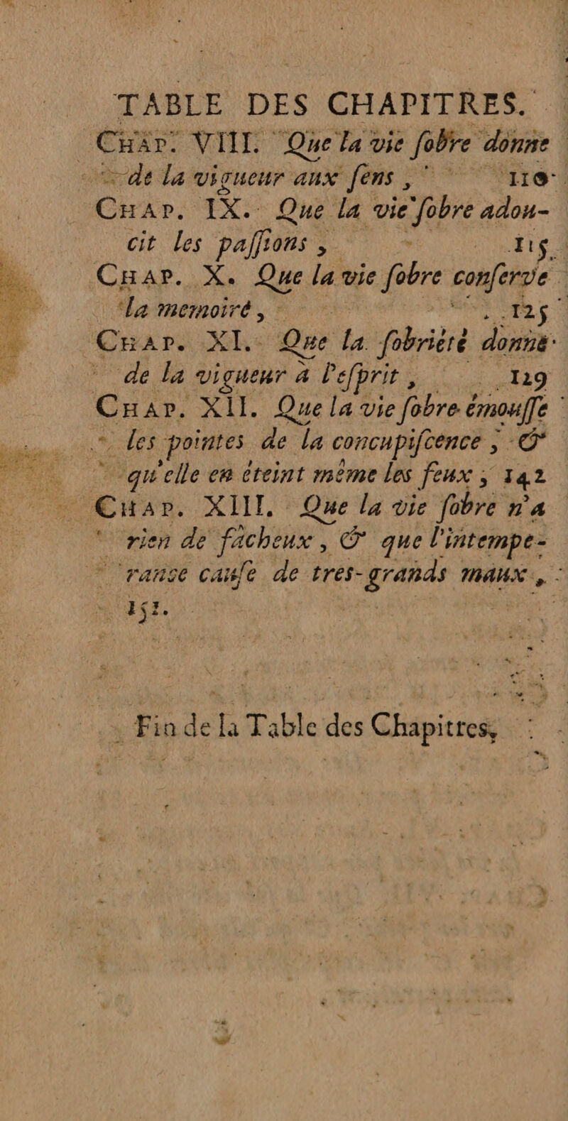 TABLE DES CHAPITRES. Char: VIIL Quela vie fobre donne | «de la vigueur aux fens , 11e Etrbr, De Que la vie fobre adou- cit les «palin, ; | di Car. X: Que La vie fobre ca Li ‘La Wu?) 12.5 | Car. XI: Que la fobriere done de la viguenr 4 Péfbrit, : 1219 Cuar. XII. Quela a beue es pointes de la concupifèence ; © qu'elle en éteint même les feux ; 142 cüar. XIIT, Que la vie fobre n’a jen de facheux , © que l'intempe- range cawle de trés- ce MAUX AA | Fin de la Table des Chapitres