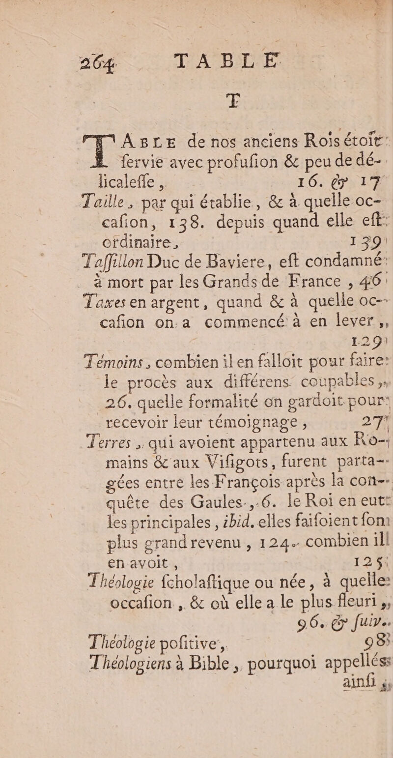 abe .: MA HIDE T ABLE de nos anciens Rois étoft- fervie avec profufion &amp; peu de dé-. licaleffe , 16. &amp; 17 Taille, par qui établie, &amp; à quelle oc- cafion, 138. depuis quand elle eff: ordinaire, 1 39: Taffillon Duc de Baviere, eft condamné: à mort par les Grands de France , 46: Taxes en argent, quand &amp; à quelle oc-- cafion on.a commencé à en lever,, 129! Témoins , combien il en falloit pour faire: le procès aux différens coupables ,. 26. quelle formalité on gardoit pour: recevoir leur témoignage , 279 Terres , qui avoient appartenu aux Ro mains &amp; aux Vifigots, furent parta-- gées entre les François après la con-- quête des Gaules.,.6. le Roi en eutt les principales , ibid. elles faifoient fom plus grand revenu , 124. combien ill en avoit , 125: Théologie fcholaftique ou née, à quelle: occafion , &amp; où elle a le plus fleuri ,, — 96. Gy fuiv. Théologie pofitive:, 93 Théologiens à Bible ,. pourquoi appellés: ainfi y,