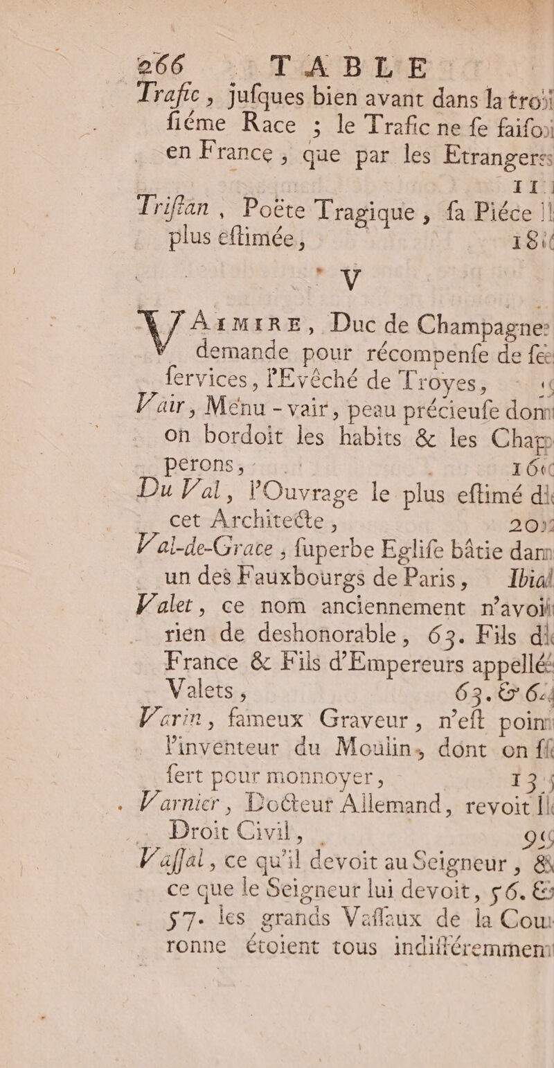 e66 -: TA B L'E Trafic, jufques bien avant dans la troi fiéme Race ; le Trafic ne fe faifo;i en France, que par les Etrangeres 31H Trifían , Poëte Tragique , fa Piéce !! plus eftimée, 18 LM Y J AïxMIRE, Duc de Champagne: . demande pour récompenfe de fe fervices, PEvêché de T rÜyess SSH Vair, Menu - vair, peau précieufe domi on bordoit les habits &amp; les Chap pérons;: 41 16« Du Val, lOuvrage le plus eftimé di cet Architecte , 20) V al-de-Grate , fuperbe Eglife bâtie dar . undesFauxbourgs de Paris, Ibial Valet, ce nom anciennement n’avoil rien de deshonorable, 63. Fils di France &amp; Fils d'Empereurs appellé: Valets , 63. € 624 Vorin, fameux Graveur, n'eft poini l'inventeur du Moulin, dont on ff fert pour monnoyer, 13 . F'arnicr , Docteur Allemand, revoit Il Droit Civil, Im V ajJal, ce qu'il devoit au Seigneur , &amp; ce que le Seigneur lui devoit, $6. € : : 5$7- ks grands Vaffaux de la Cow ronne étolent tous indifféremment