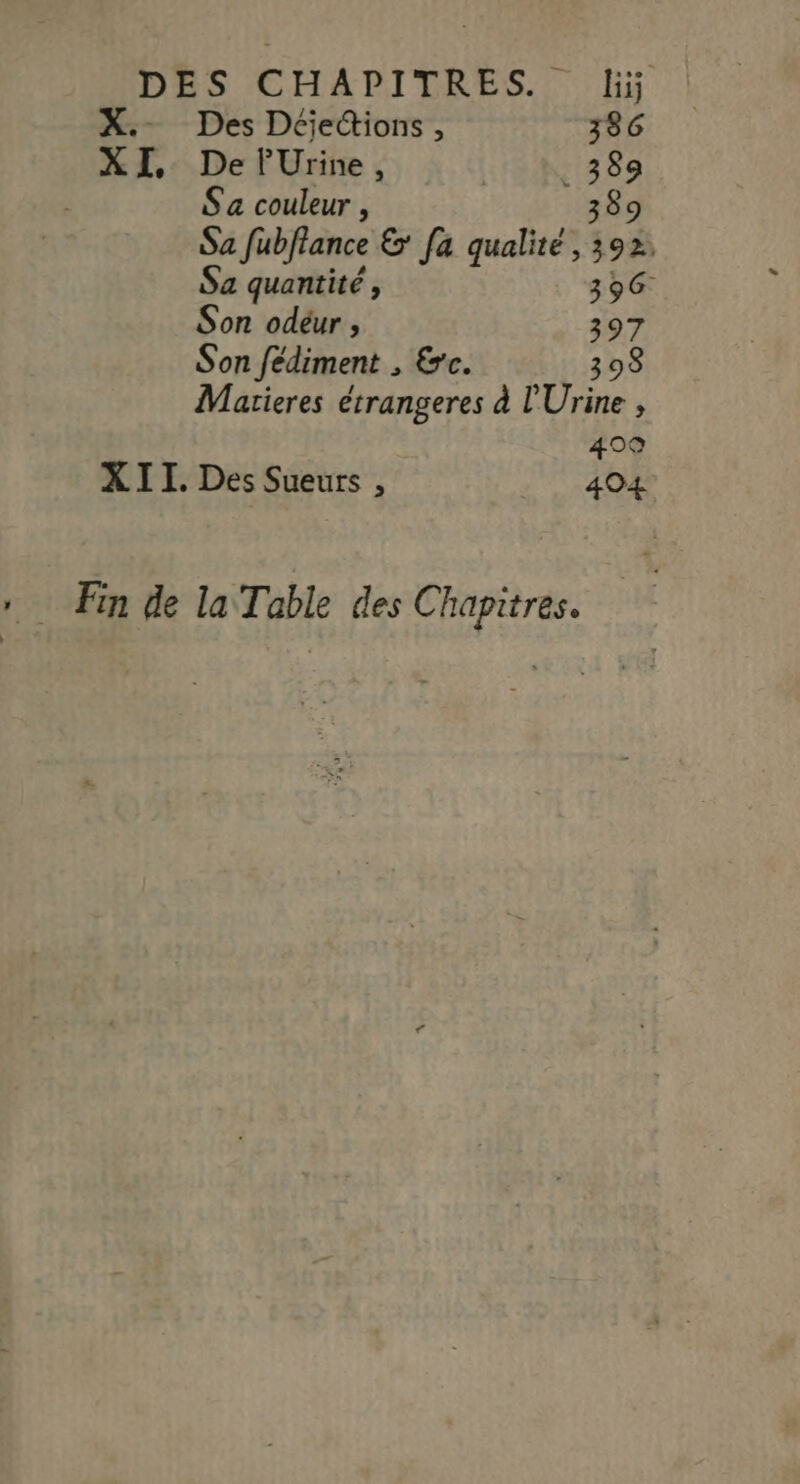 X.. Des Déjections, 386 XI, De lUrine, _ 389 Sa couleur , 38 Sa fubffance & [a qualité, 392, Sa quantité, 396 Son odéur , 397 Son fédiment , &c. 398 Matieres étrangeres à l'Urine , 400 XII. Des Sueurs , 404 Fin de la Table des Chapitres.