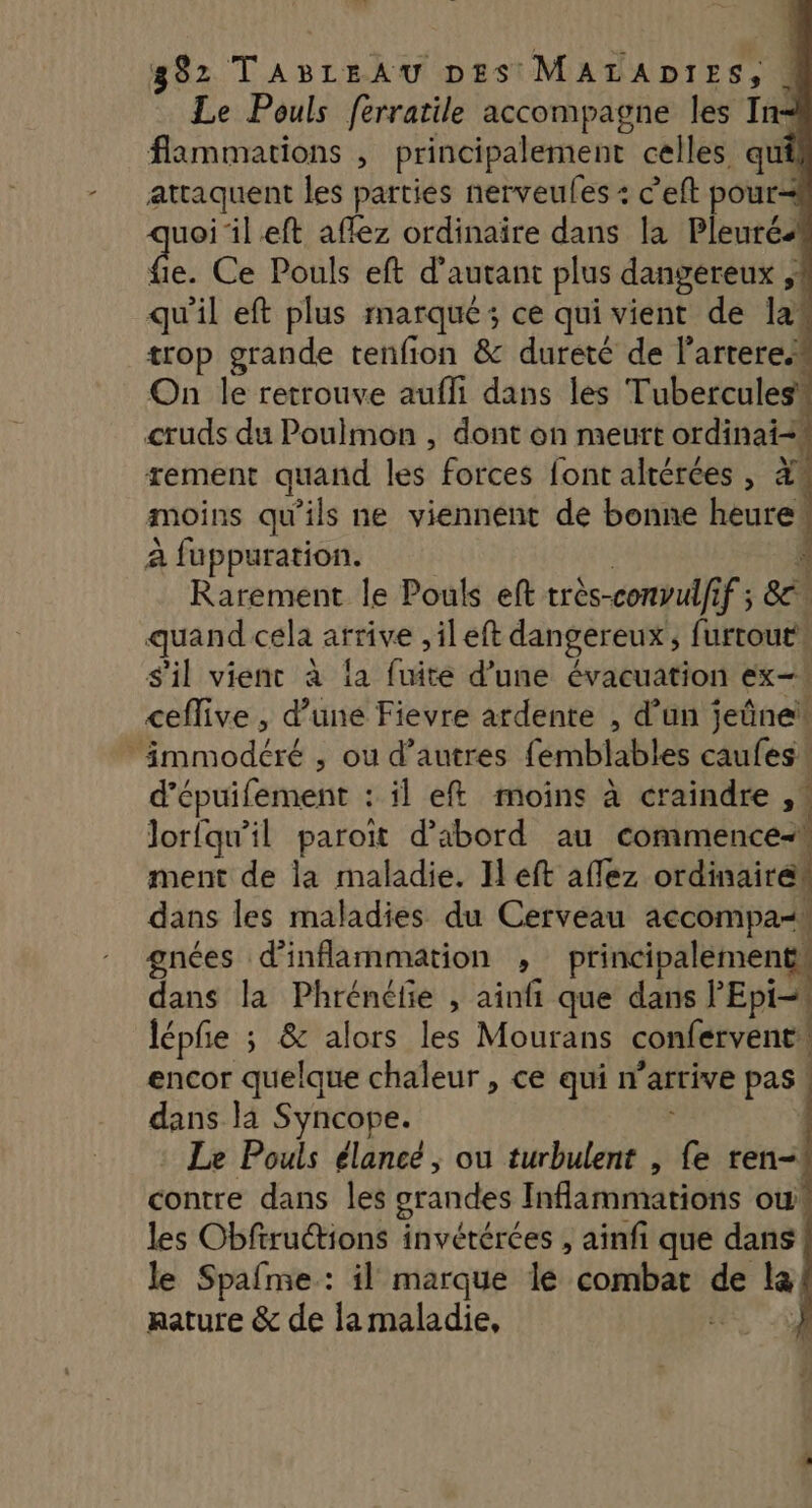 Le Pouls ferratile accompagne les In= flammations , principalement celles qu attaquent les parties nerveules : c’eft pour uoi il.eft aflez ordinaïre dans la Pleurés fi Ce Pouls eft d'autant plus dangereux ; qu'il eft plus marque; ce qui vient de la! trop grande tenfion & dureté de l’artere On le retrouve aufli dans les Tubercules* cruds du Poulmon , dont on meurt ordinai= rement quand les forces font altérées , 4 moins qu’ils ne viennent de bonne heure: à fuppuration. Rarement le Pouls eft très-convulfif ; 8&c quand cela arrive ; ileft dangereux ; faits | S'il vient à la fuité d'une évacuation ex—. ceflive , d’une Fievre ardente , d’un jeûne ‘immodcéré , ou d’autres femblables caufes! d’épuifement : il eft moins à craindre ,! Jorfqu’il paroit d’abord au commence- ment de la maladie. Il eft afez ordinaire! dans les maladies du Cerveau accompa-k gnées d'inflammation , Re da l'E dans la Phrénéfie , ainfi que dans l'Epi- lépfe ; & alors les Mourans confervent | encor quelque chaleur , ce qui n'arrive pas ! dans là Syncope. Le Pouls élancé , ou turbulent , fe ren! contre dans les grandes Inflammations ou les Obftruétions invétérées , ainfi que dans le Spafme: il marque le one fe La nature & de lamaladie,