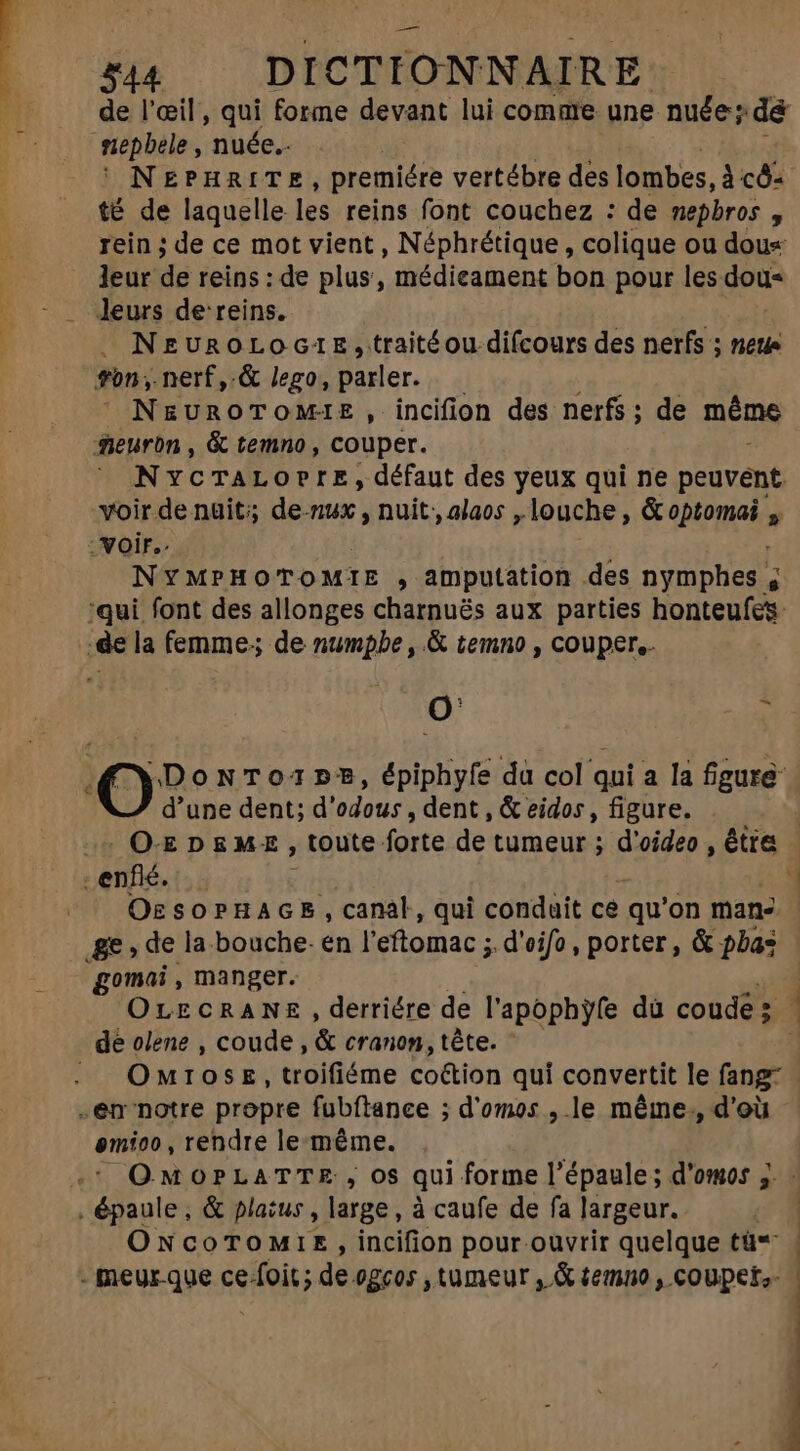 de l'œil, qui forme devant lui comme une nuée; dé epbele , nuée.. NEPHRITE, premiére vertébre des lombes, à có- té de laquelle les reins font couchez : de nepbros , rein ; de ce mot vient , Néphrétique , colique ou dou« Jeur de reins : de plus, médicament bon pour les dou- » NEUROLOGAZE, traité ou-difcours des nerfs ; neue fon, nerf,.&amp; lego, parler. | N&amp;uRoTOMIE , incifion des nerfs ; de méme neuron , &amp; temno, couper. NycTaLorre, défaut des yeux qui ne peuvent voir de nuit; de.nux , nuit alaos ,.louche, S abibnalo » :voir.. NYMPHOTOMIE , amputation des nymphes ; ; ‘qui font des allonges charnuës aux parties honteufes O ^ d’une dent; d'odous , dent , &amp; eidos , figure. . O£gSOPHAGE , canal, qui conduit ce qu'on mane gomai, manger. OLECRANE , derriére de l'apophyfe dü coude ; - .em notre propre fubftance ; d'omos ,.le méme, d'où &amp;mioo , rendre le méme. her. ff &amp; plaius , large, à caufe de fa largeur. ONcoToMïE, incifion pour ouvrir quelque tü* MEN M LLL A A S D o
