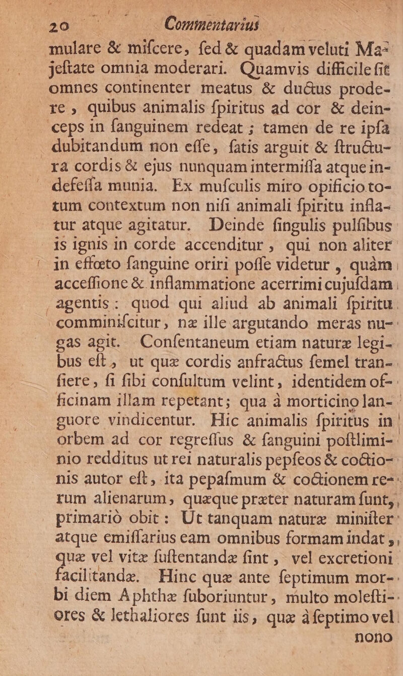 mulare &amp; mifcere, fed &amp; quadam veluti Ma- jeltate omnia moderari. Quamvis difficile fit omnes continenter meatus &amp; du&amp;us prode- re , quibus animalis fpiritus ad cor &amp; dein- «eps in fanguinem redeat ; tamen de re ipía . dubitandum non effe, fatis arguit &amp; ftru&amp;u- . à cordis &amp; ejus nunquam intermiffa atque in- defeífa munia. Ex mufculis miro opificio to- tum contextum non nifi animali fpiritu infla- tur atque agitatur. Deinde fingulis pulfibus is ignis in corde accenditur , qui non aliter in effoeto fanguine oriri poffe videtur , quàm - acceffione &amp; 1nflammatione acerrimi cujufdam . ,agentis: quod qui aliud ab animali fpiritu. comminicitur, nz ille argutando meras nu-: gas agit. |. Confentaneum etiam naturz legi- bus eft, ut quz cordis anfractus femel tran- fiere , fi fibi confultum velint, identidem of- ficinam illam repetant; qua à morticinolan- guore vindicentur. Hic animalis fpiritus in. orbem ad cor regrefíus &amp; fanguini poftlimi- nio redditus ut rei naturalis pepfeos &amp; co&amp;tio- nis autor eft, ita pepafmum &amp; co&amp;ionem re- - rum alienarum, quaque prater naturam funt, primarió obit: Ut tanquam nature miniiler: atque emiffarius eam omnibus formam indat ;, quz vel vitz fuftentandz fint ,- vel excretioni. facilitande. Hinc que ante feptimum mor-. bi diem Aphthz füboriuntur, multo molefti-: ores &amp; Jethaliores funt iis, qux àfeptimo vel. nono