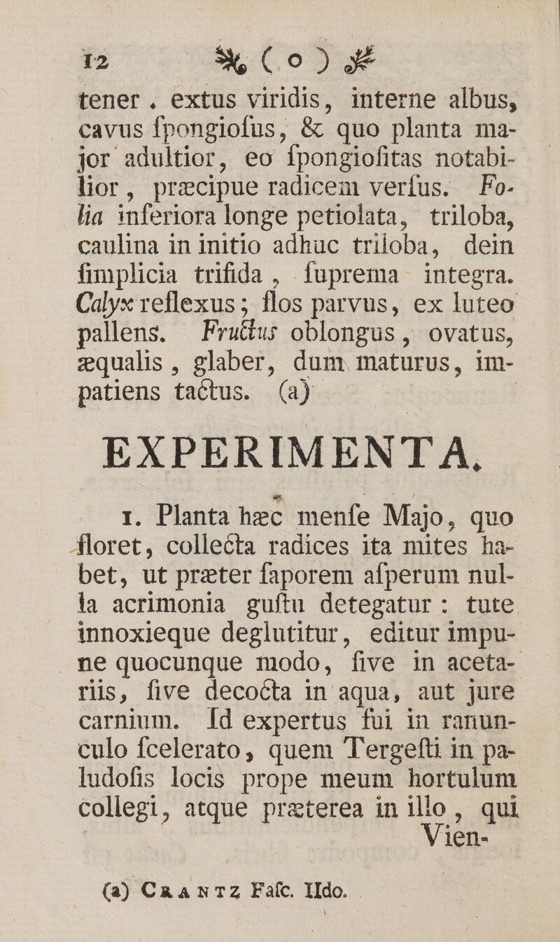 tener, extus viridis, interne albus, cavus fpongiofus, &amp; quo planta ma- jor adultior, eo Ípongiofitas notabi-- lior, precipue radicem verfus. Fo- lia 1nferiora longe petiolata, triloba, caulina in initio adhuc triloba, dein ümplicia trifida , fuprema integra. Calyx reflexus ; illos parvus, ex luteo pallens. — Fru&amp;tus oblongus , ovatus, zqualis , glaber, dum maturus, im- patiens tactus. (a) | | EXPERIMENTA. I. Planta hec menfe Majo, quo ÁAloret, collecta radices ita mites ha- bet, ut przter faporem afperum nul- la acrimonia guftu detegatur: tute innoxieque deglutitur, editur impu- ne quocunque modo, five in aceta- ris, five decocta in aqua, aut jure carnium. (d expertus fui in ranun- culo fÍcelerato, quem Tergefti in pa- ludofis locis prope meum hortulum collegi, atque praterea in illo, qui | Vien- (a) C RANTZ Faíc. IIdo.