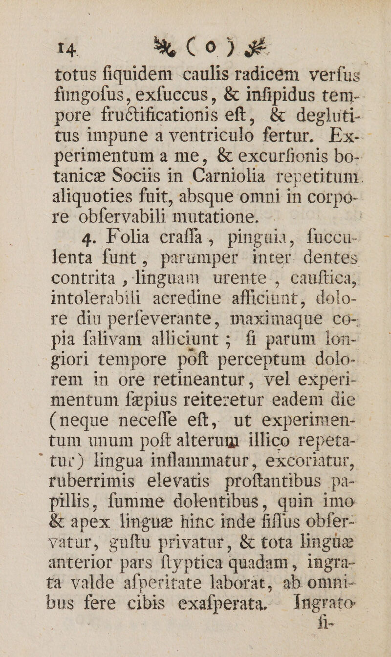 totus fiquidem caulis radicem verfus fungofus, exfuccus, &amp; infipidus tem-- pore fru&amp;tificationis eft, &amp; degluti- tus impune a ventriculo fertur. Ex-- perimentum a me, &amp; excurfionis bo- tanice Sociis in Carniolia repetitum. aliquoties fuit, absque omni in corpo- re obfervabili mutatione. | 4. Folia craffa, pinguis, fuccu- lenta funt, parumper inter dentes contrita , linguam urente , cauftica, intolerabili acredine afficiunt, dolo- re diu perfeverante, maximaque CO-. pia falivam alliciunt ; fi parum lon- giori tempore poft perceptum dolo-. rem n ore retineantur, vel experi- mentum Ízpius reitezetur eadem die (neque necefle eft, ut experimen- tum unum poft alterum illico repeta-  tur) lingua inflammatur, excoriatur, rüberrimis elevatis proftantibus pa- pilis, fumme dolentibus, quin imo &amp; apex lingue hinc inde flus obfer- vatur, guftu privatur, &amp; tota lingüee anterior pars ftyptica quadam, iRgra- -— ta valde afperitate laborat, ab omni- bus fere cibis exafperata. Ingrato fi-