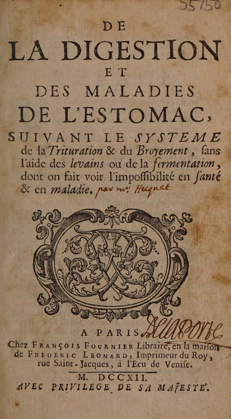 es. LE - 5: 6 dns MARS Se A à Moss MN SM 0 \ : x. MS. es : £ 4 $ n © Fi Fur 4 3 Ë Ca 4, LÀ A LA DIGESTION | | E T DES MALADIES DE L'ESTOMAGC: SUIVANT LE SYSTEME. de laTrituration & du Broyement , fans à - l'aide des levains ou dela fermentation , dont on fait voir l'impoffbilité en Janté & en maladie. jar nr LA ace ja di ÈS: US L, | A PARIS SA) F Chez FRANÇOIS Fournier Librairé en la marlon— de Fréoeric LsonarD, Imprimeurdu Roy, rue Saint- Jacques, à l'Ecu de Venife. MID CCOXII, | AVEC PRIVILEGE DE SA MAFESTE, ë AR NSSEXSS +