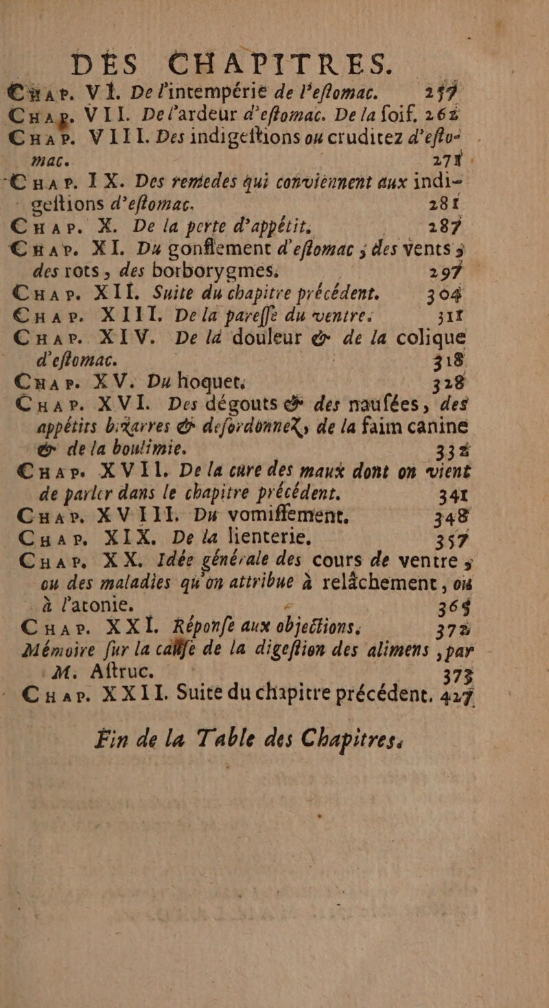 DÉS CHAPITRES. Car. VI Delintempérie de leflomac. 259 Cap. VII Delardeur d’effomac. De la foif, 262 Car. VIIL Des indigeftions ox cruditez d’eflu: . MAC. 271: Car. IX. Des remedes qui conviennent aux indi- . geftions d’eflomac. 281 Cap. X. De la perte d'appétit. LATaSn Cnav. XI. D4 gonflement d’effomac ; des vents 3 des rots, des borborygmes. | Car. XIL Suite du chapitre précédent. CHar. XIIT. De la pareffe du ventre. ji Car. x IV. De là douleur &amp; de la colique d'eflomac. 4 ge Crar. XV. Du hoquer. Car. XVI. Des dégouts &amp; des naufées, De appétirs bivarres &amp; dejordonneX; de la faim canine @ de la boulimie. 334 €uar. XVIL, De la cure des maux dont on vient de parler dans le chapitre précédent. 341 Cuar. XVIII Dx vomiffement, 348 Cuar. XIX. De la lienterie, 357 Cuar. XX. Idée générale des cours de ventre ; ou des maladies qu'on attribue à relâchement , où _à l'atonie. 364 Cuar. XXL Réponfe aux FÉtione, 37% Mémoire fur la caffe de la digeftion des alimens, par MArAREUE | 373 Cuar. XXII. Suite du chapitre précédent. 427 Fin de la Table des Chapitres.