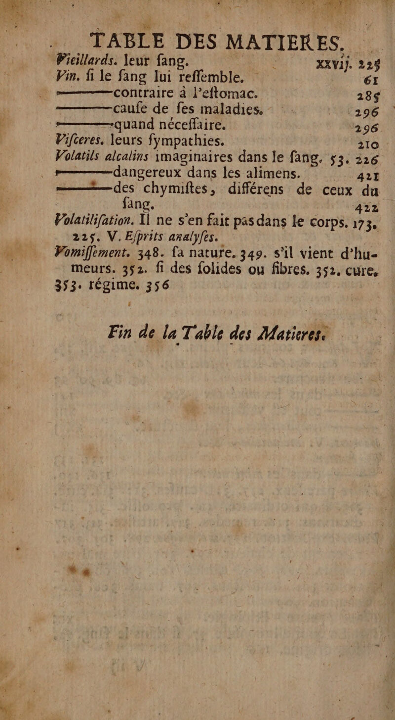 TABLE DES MATIÈRES. Picillards. leur fang. | : XXVIJ. 224 Vin. fi le fang lui reflemble. 61 contraire à l’eftomac. 283$ caufe de fes maladies. | 1296 -quand nécefaire. 296. Vifteres. leurs fympathies. 210 Volatils alcalins imaginaires dans le fang. 53. 216 - dangereux dans les alimens. | 421 —— des chymiftes, différens de ceux du fang. | 422 Volatilifation. 1] ne s’en fait pas dans Le corps. 173. 225. V.Ejprits analyfes. Vomiffement. 348. fa nature. 349. s'il vient d’hu- meurs. 352. fi des folides ou fibres, 352, cure, 353. régime. 356 Fin de la Table des Maticres. +.