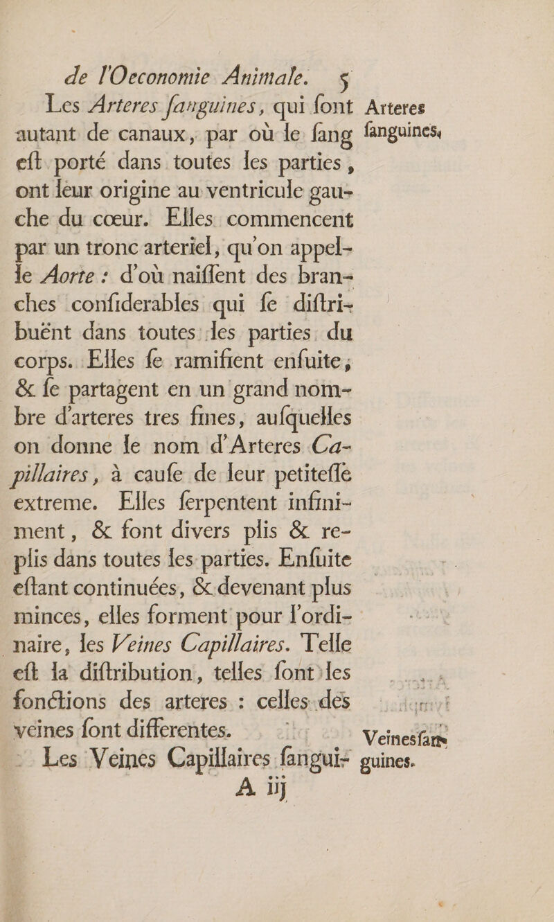cft porté dans toutes Îes parties, ont leur origine au ventricule gau- che du cœur. Elles commencent par un tronc arteriel, qu'on appel- le Aorte : d'où naïflent des bran- ches confiderables qui fe diftri- buënt dans toutes les parties du corps. Elles fe ramifient enfuite, &amp;. fe partagent en un grand nom- bre d'arteres tres fmes, aufqueHes on donne Île nom d’Arteres Ca- pillaires, à caufe de leur petitefle extreme. Elles ferpentent infini- ment, &amp; font divers plis &amp; re- plis dans toutes les parties. Enfuite eftant continuées, &amp;.devenant plus _naire, les eines Capillaires. Telle eft la diftribution, telles font les fonctions des arteres : celles dés veines font differentes. Veinesfan