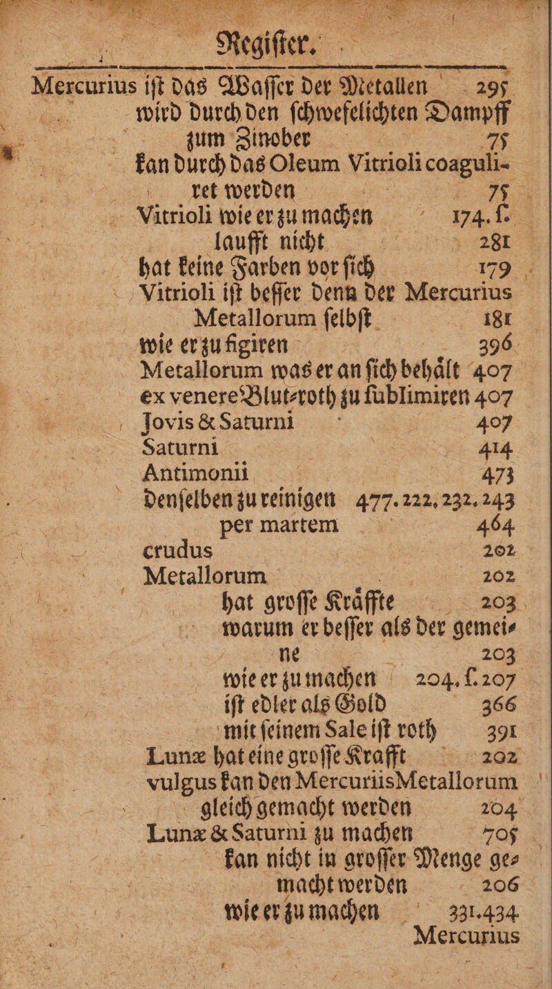 ee RER ee wird durch den ſchwefelichten Dame 5 zum Zinober „„ werden %%% Viu.itrioli wie er zu mache e laufft nicht 75 1 hat keine Farben vor ſich 7 Vitrioli iſt beſſer denn der e | er Metallorum ſelbſt 181 wie er zu igiren 96 390 Metallorum was er an ſich behält 407% Jovis &amp; Saturn: 407 Saturn } e N Antimonii | | &gt;23 denſelben zu reinigen 477. 222. 232. 243 | | per martem 464 crudus | 202 Metallorum DE 202 hat groſſe Kräffte 4 warum er beſſer als der gemei⸗ | ne . 2 wie er zumachen 204. . 207 iſt edler als Gold 366 mit ſeinem Sale iſt roth 391 Lunæ hat eine groſſe Krafft 202 vulgus kan den MercnrucMerallordnı gleich gemacht werden 204 Lunæ &amp; Saturni zu machen 70 kan nicht in groſſer Menge ge⸗ macht werden 45 206 wientuchahe 331.434 Mexrcurius *