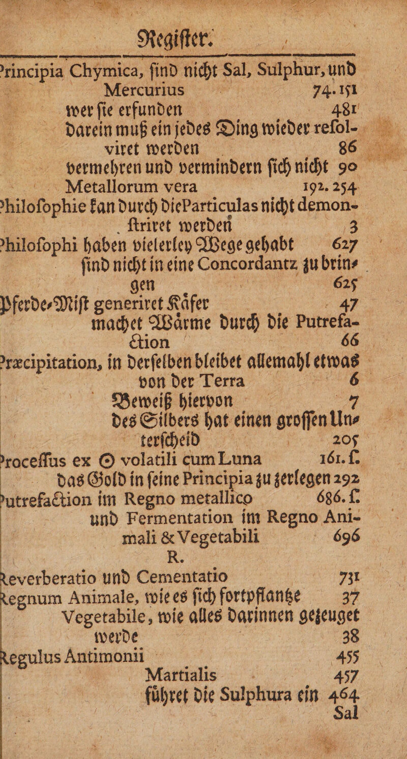 wer ſie erfunden 42381 viret werden Mletallorum vera 192. 254 ſtriret werden gen pferde Miſt generiret Kaͤfer 8 Waͤrme durch die Pure, 10n von der Terra Beweiß hiervon 5 des Silbers hat einen groſſen Un⸗ | RR terſcheid „ roceſſus ex O 5013 cum Luna 161. ſ. das Gold in ſeine Principia zu zerlegen 5 ee utrefaction im Regno metallico 686. . und Fermentation im Regno Ani- mali &amp; Vegetabili 696 R. ev Werberstie und Cementatio 331 egnum Animale, wie es ſich fortpflanze 37 Vegetabile, wie alles darinnen gezeuget werde 38 egulus Antimonii 455 Maartialis , Hi: