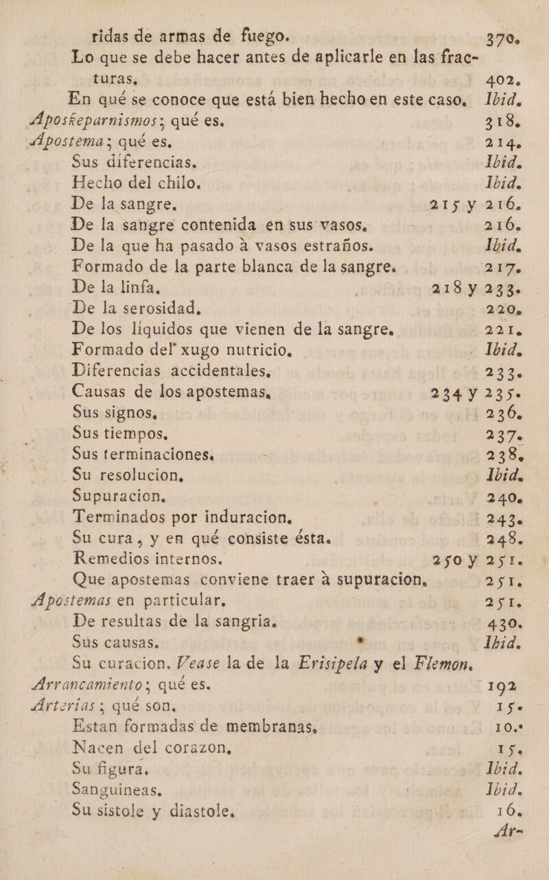 ridas de armas de fuego. 370. Lo que se debe hacer antes de aplicarle en las frac- turas, i 402. En qué se conoce que está bien hecho en este caso, Ibid, ÁAposkeparnismos; qué es, 318, AÁpostema; qué es. 2 Sus diferencias. Ibid. Hecho del chilo, | Ibid. De la sangre, 215 y 216, De la sangre contenida en sus vasos, | 216. De la que ha pasado a vasos estraños. Ibid, Formado de la parte blanca de la sangre. 28%, De la linfa, | 218 y 233. De la serosidad, 220» De los liquidos que vienen de la sangre, 221. Formado del' xugo nutricio, A Diferencias accidentales, LEDO Causas de los apostemas, 234 y 235. Sus.signos ys elo ] 220, Sus tiempos, 237. Sus terminaciones. &gt; 238, Su resolucion, Ibid, Supuracion, 240 Terminados por induracion., : 243. Su cura, y en qué consiste ésta, 248. Remedios internos. 20H 257 I, Que apostemas conviene traer a sUpurasiod, 255 ÁApostemas en particular, DR De resultas de la sangria: 4.30. Sus causas. &gt; Íhid. Su curacion. Vease la de la Erisipela y el Flemon, ÁArrancamiento; qué es, 192 ÁArtorias ; qué son, LSo Estan formadas de membranas, 10.* Nacen del corazon, Ed .Su figura, | WE Ibed, Sanguineas, Íbid., Su sistole y diastole, 106, Ar-