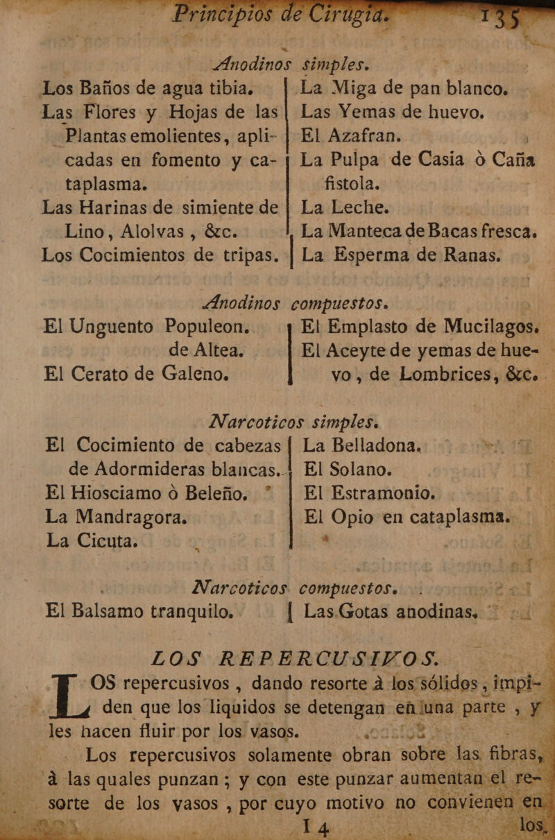 _taplasma. fistola. Las Harinas de simiente de | La Leche. Lino, Alolvas , Sc. La Manteca de Bacas fresca. Los Cocimientos de tripas. | La Esperma de Ranas. Anodinos compuestos. El Unguento Populeon. El Emplasto de Mucilagos. de Altea. | El Aceytede yemas de hue= El Cerato de Galeno. vo, de Lombrices, SC. VNarcoticos simples. El Cocimiento de cabezas | La Belladona. A de Adormideras blancas..| El Solano. El Hiosciamo o Beleño. ” | El Estramonio. La Mandragora. El Opio en cataplasma. La Cicuta. : a VNarcoticos arpucitos: si 4 El Balsamo tranquilo. [ Las.Gotas anodinas, E 4 LOS REPERCUSIVOS. A OS repercusivos , dando resorte A los'sólidos, ¿Jmple den que los liquidos se detengan eñiuna. parte ÉS les hacen fluir por los vasos. CIS po Los repercusivos solamente ray pi bs fibras, A $ &gt; qt á . LOs de a A AE + . e e h Ñ &gt; A) LD , - A e A ds IA AA ma AI A Ae la 0 A 7