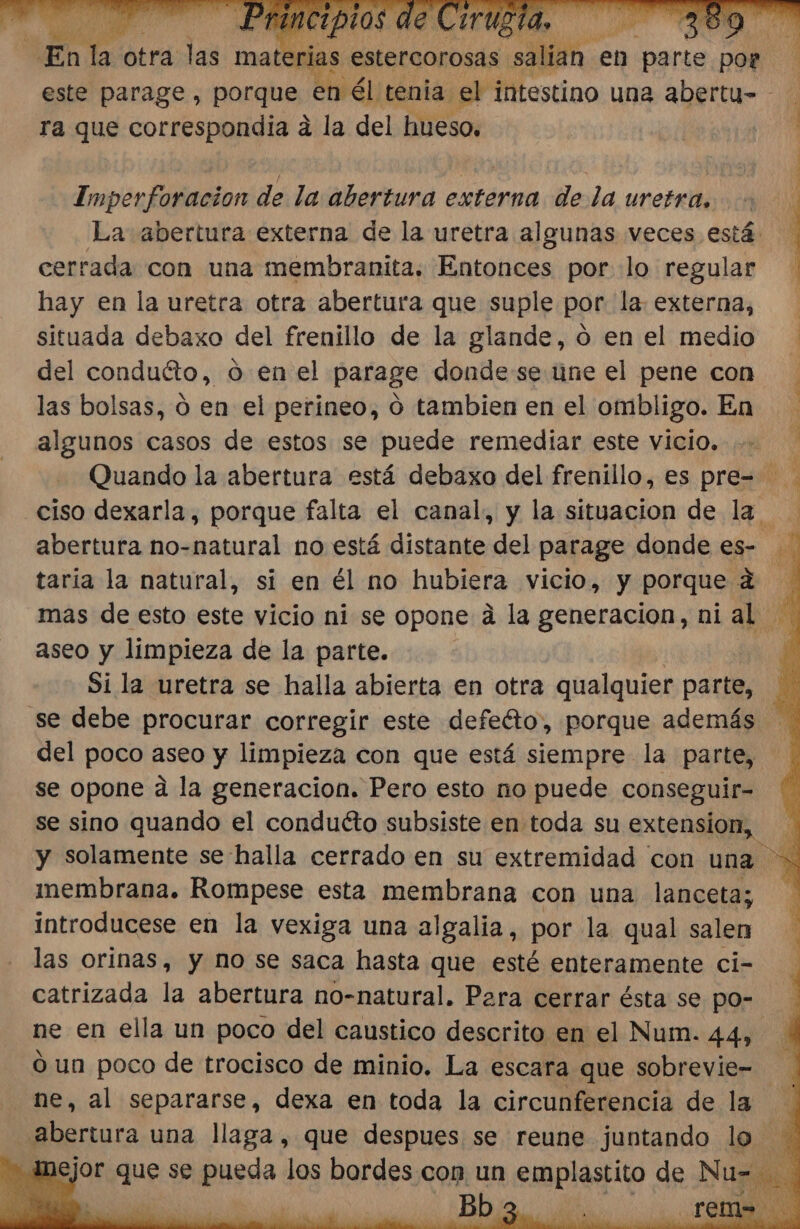 al Mráal ma rias estercorosas sali e en ) parte por este parage , porque en él tenia el intestino una abertu- - ra que correspondía a la del hueso, Imperforacion de la abertura externa de la uretra, La abertura externa de la uretra algunas veces está: cerrada con una membranita. Entonces por lo regular hay en la uretra otra abertura que suple por la externa, situada debaxo del frenillo de la glande, ó en el medio del conduéto, o en el parage donde se une el pene con las bolsas, ó en el perineo, o tambien en el ombligo. En algunos casos de estos se puede remediar este vicio. abertura no-natural no está distante del parage donde es- taria la natural, si en él no hubiera vicio, y porque 4 aseo y limpieza de la parte. Si la uretra se halla abierta en otra qualquier parte, se debe procurar corregir este defeéto, porque además del poco aseo y limpieza con que está siempre la parte, se opone a la generacion. Pero esto no puede conseguir- se sino quando el conduéto subsiste en toda su extension, y solamente se halla cerrado en su extremidad con una &gt; membrana. Rompese esta membrana con una lancetaz introducese en la vexiga una algalia, por la qual salen las orinas, y no se saca hasta que esté enteramente ci- catrizada la abertura no-natural. Para cerrar ésta se po- ne en ella un poco del caustico descrito en el Num. 44, O un poco de trocisco de minio. La escara que sobrevie- ne, al separarse, dexa en toda la circunferencia de la hertura una llaga, que despues se reune juntando lo Mejor que se pueda los bordes con un cIBpla po de Nu- e