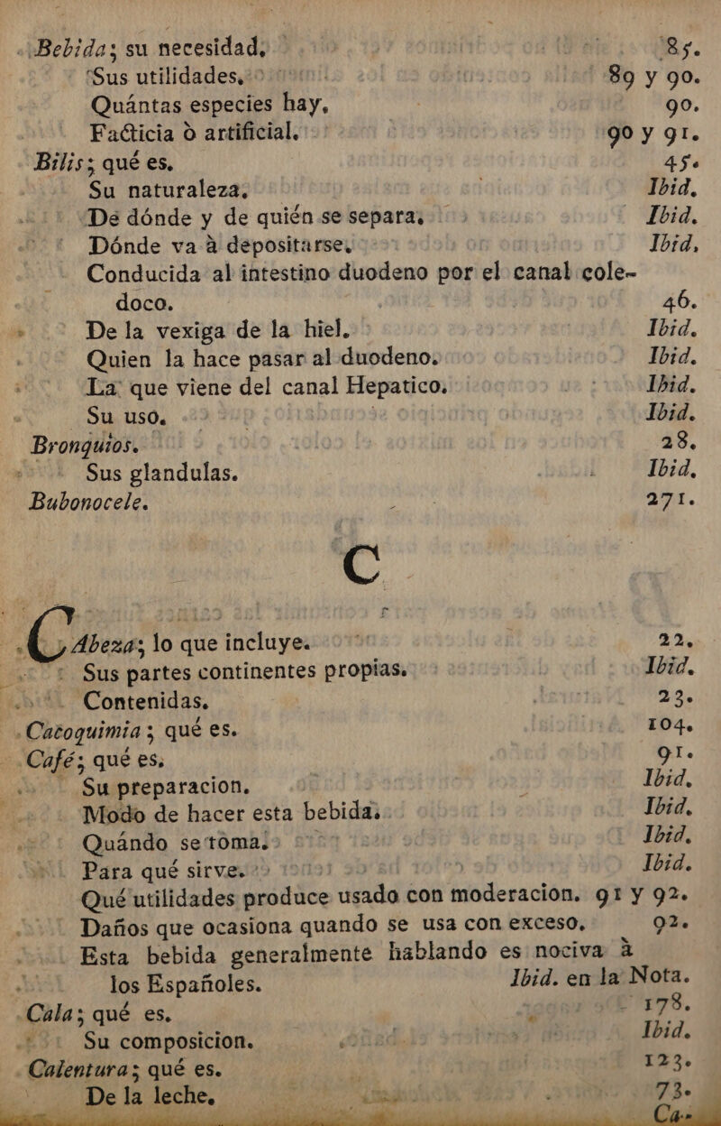 «¡Bebida ; su necesidad, ¡ Abs AN 35. “Sus utilidades. 00000 pens 89 y 90. Quántas especies hay, go. Facticia O artificial. | | 90 y 9I. Bilis; qué es. 450 Su naturaleza, Ibid, ¿De dónde y de quién se separas Ibid, Dónde va a depositarse, &gt;: Ibrd, Conducida al intestino duodeno por el canal cole- 4 doco. | 46. » De la vexiga de la hiel. 1bid. Quien la hace pasar al duodeno. Ibid. La: que viene del canal Hepatico. ye Ibid. . Su UusO. Ibid. Br onquios. 38, Sus glandulas. Ibid, Bubonocele. e 271. E a ¿ ¿besos lo « que e ibdluyes 22, Sus partes continentes propias. Ibid. -- Contenidas, 40 ¿Cacoguimia ; qué es. 104. 2 dy qué es, 9I. Su preparacion. E Ibid, Modo de hacer esta bebidas 1bid. Quándo setoma. Ibid, Ib1d. il Para que sirves? | Qué utilidades aa deba con lesion g1 y 92. - Daños que ocasiona quando se usa con exceso, 92. Esta bebida generalmente hablando es nociva á los Españoles. Jbsd: en la Nota. Cala; qué es, | Í - 178. +2 Su composicion. sd nas Ibid, -Calentura; qué es. 143» 73.