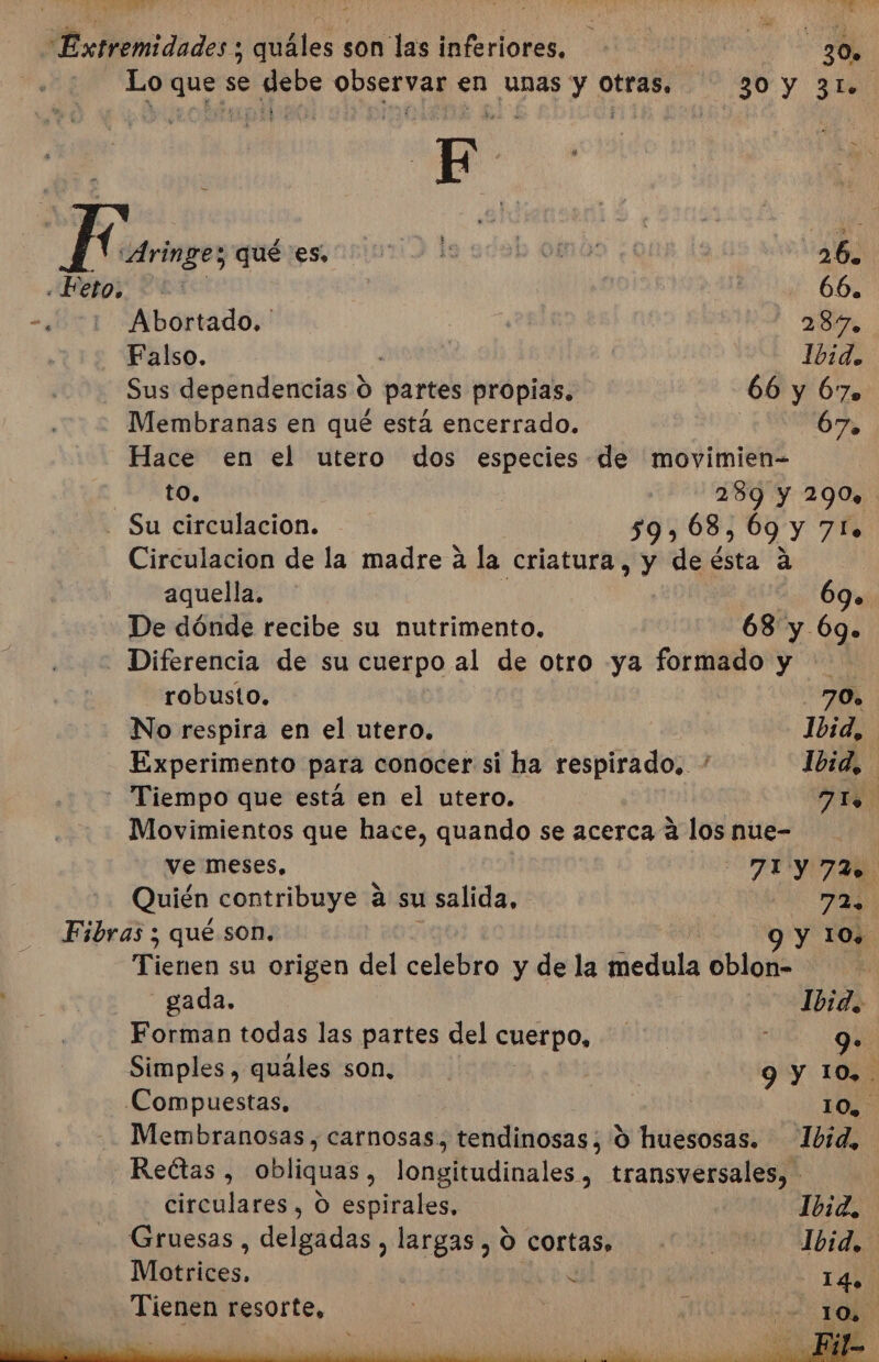 Abortado, ' | | 237, Falso. | Ibid. Sus dependencias 0 partes propias, 66 y 67. Membranas en qué está encerrado, | 0% Hace en el utero dos especies de movimien- to, 289 y 290 - Su circulacion. 59,68 , 69 y 71 Circulacion de la madre a la criatura, y de ita a aquella, 2 09 De dónde recibe su nutrimento. 68 y 69. Diferencia de su cuerpo al de otro ya formado y robusto, 70» No respira en el utero. 1id, | Experimento para conocer si ha respirado, * Ibid, - Tiempo que está en el utero. FS Movimientos que hace, quando se acerca 4 los nue- ve meses, AA Quién contribuye a su salida, 72. Fibras ; qué son. 9 Y 10, Tienen su origen del celebro y de la fedala oblon- - gada. Jbid. Forman todas las partes del cuerpo, M1 9. Simples, quales son, 9 Y 10». Compuestas. 10. Lo que se debe observar en unas y Otras, 30 Y 31 74 EA a DA Membranosas, carnosas, tendinosas; 9 huesosas. 1bid, circulares, O espirales, Ibid. Gruesas sdelide largas iy 0 cortasi o «CULAAO! MID Motrices, y 1408 di SS IRA