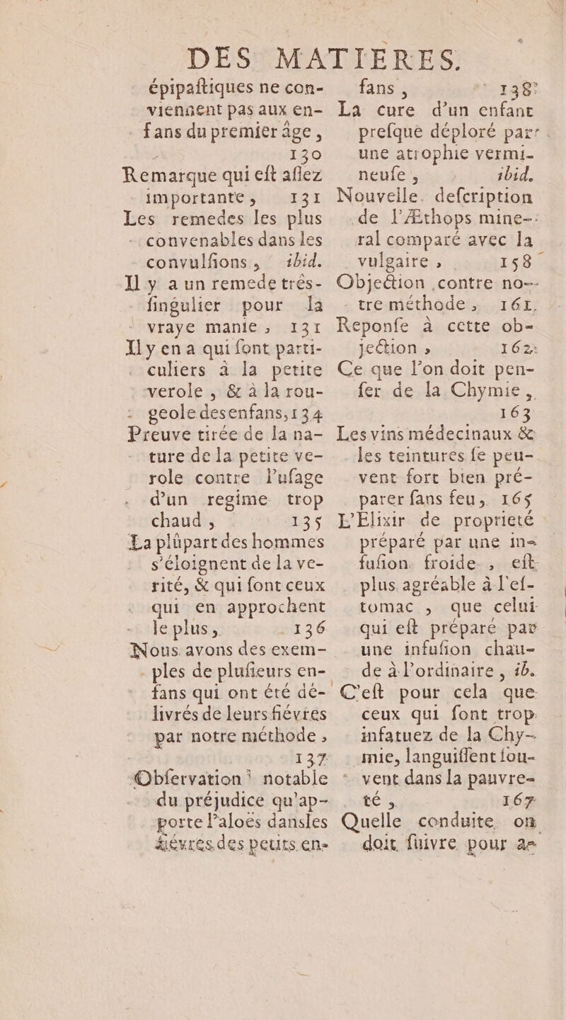 épipaitiques ne con- viengent pas aux en- fans du premier age, 130 Remarque qui eft aflez importante, 131 Les remedes les plus convenables dans les convulfions , ‘ ibid. Il y a un remede très- fingulier pour Ja vraye manie; 131 I y en a qui font parti- culiers à la petite verole , &amp; à la rou- - geoledesenfans,134 Preuve tirée de la na- ture de la petite ve- role contre lufage d’un regime trop chaud , 135$ La plüpart des hommes s ‘éloignent de la ve- rité, &amp; qui font ceux qui en approchent le plus, 136 Nous avons des exem- ples de plufeurs en- fans qui ont été dé- livrés de leurs fiévres par notre méthode , 137 Obfervation i notable porte l’aloes dansles kiévres des peuts.en- fans , 138! La cure d’un enfane prefque déploré parr une atrophie vermi- neufe , ibid. Nouvelle. defcription de lÆthops mine- ral comparé avec ha vulgaire , 158 Objeétion ,contre no-- tre méthode, 164, Reponfe à cette ob- Jection » 162: Ce que l’on doit pen- fer de la Chymie, 163 Les vins médecinaux &amp; les teintures fe peu- vent fort bien pré- parer fans feu, 165 L'Éliir de proprieté préparé par une in= fufon. froide , eit plus agréable à l'ef- tomac ; que celui qui eft préparé par une infufion chau- de à l'ordinaire , 58. C'eft pour cela que ceux qui font trop: infatuez de la Chy- mie, languiffent fou- vent dans la pauvre- AUX 167 Quelle conduite on doit fuivre pour =