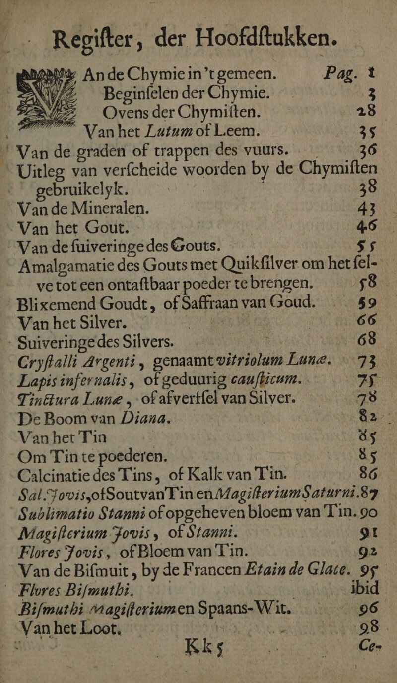 Regifter, der Hoofdftakken. ARePME An de Chymie in't gemeen. Pag. t NWZ _ Beginfelen der Chymie. 3 Ovens der Chymiften. 28 Van het Zutum of Lieem. 35 ‘Vande graden of trappen des vuurs. 36 Uitleg van verfcheide woorden by de Chymiften gebruikelyk. 38 Van de Mineralen. 43 Van het Gout. | bi | “Van de fuiveringe des Gouts. Amalgamatie des Gouts met Quikfilver om het êl | ve tot een ontaftbaar poeder te brengen. 5 Blixemend Goudt, of Saffraan van Goud. 59 Van hect Silver. | 66 … Suiveringedes Silvers. 68 Cryflalli Argenti , genaamt witriolum Lune. 73 Lapis infernalis, of geduurig caufticam. 25 Tinétura Lune „of afvertfel van Silver. 78 De Boom van Diana. | Bars Van het Tin äs Om Tin te poederen. 85 Calcinatiedes T'ins, of Kalk van Tin. 86 Sal.FovissofSoutvanT in en MagifleriumSaturni.87 Sublimatio Stanni of opgeheven bloem van Tin. go Magiflerium Jovis , of Stanni. | Ë L Flores Jovis, of Bloem van Tin. Van de Bifmuit , by de Francen Etain de Glate. pn | _ Flores Bifmutbi. ibid Bifmuthi magifteriumen Spaans-Wit, wet6 Van het Loot. Ke SE ERA DE