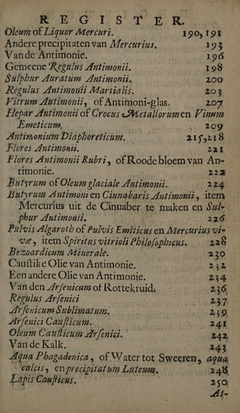REGIS TER Oleum of Liquor Mercuri. 190, 198 Andere precipitaten van Mercurius. 193 Vande Antimonie. 196 Gemeene Regulus Antimonii, 198 Sulpbur Auratum Antimonii, a 200 Regulus Antimouii Martialis, 203 Vitrum Antimonii, of Antimoni-glas. 207 Hepar Antimonti of Crocus Metallorumen Vinum Emeticum. … 209 Antimonium Diaphoreticum, 215,18 Flores Antimonts. 22E Flores Antimonii Rubri, of Roodebloem van An- timonie. 222 Butyrum of Oleum glaciale Antimonii. st abe Butyrum Antimonten Cinnabaris Antimouit, item Mercurius uit de JRE: te maken en Sul phur Antimonti, 22 6 Palvis Algaroth of Pulvis E; mitichs en Mercurius vis ve, item Spirstus vitrioli Philofo PICus. 228 Bezoardieum Minerale. | z30 _ Cauttike Olie van Antimonie. Aj Een andere Olie van Antimonie. Ban Van den Zrfenicum ot Rottekruid, 236 Regulus Arfenici | 237 Arfenicum Sublimatum, 239, Arfenici Cauflicum. 241 Oleum Caulticum drfenici. 242 _ Vande Kalk. 243 | Agria Phagadenica , of Water tot omen » 4944, calcis, enprecipitatt ui Luteum, ess 248 Lapis Caufticus. 250 4t-