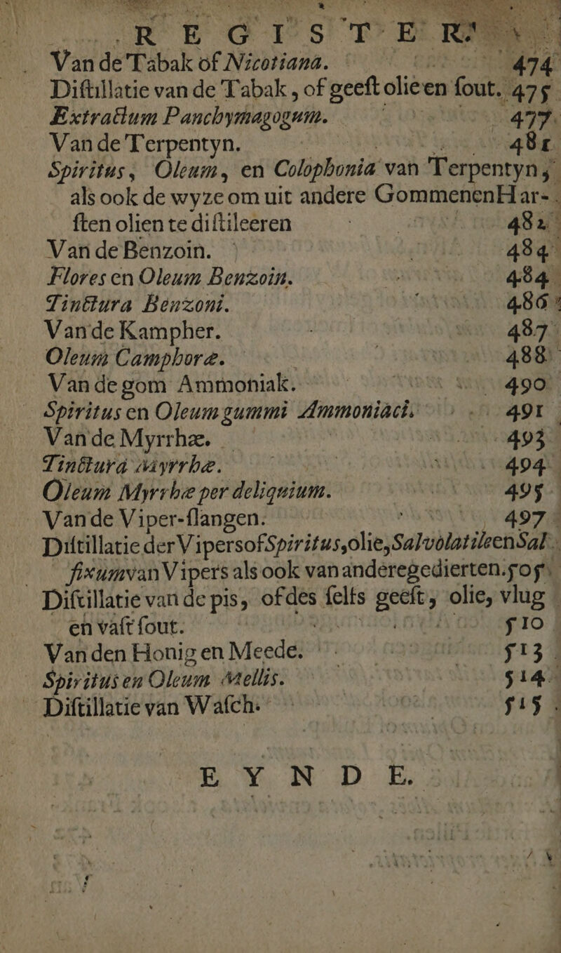 KEGTS ERN: Vande Tsbak of Nicotiana. | 474 Diftillatie van de Tabak , of geeft: olieen fout. 475 Extradum Panchynagogen 3 477. Vande Terpentyn. sen Ag DE Spiritus, Oleum, en Colopbonia van T erpentyn; als ook de wyze om uit andere GommenenH ar= ften olien te diftileeren Dre 482 Van de Benzoin. ETA 434 Flores en Oleum Benzoin. > 4:84 Tintlura Benzont. EN 486% Vande Kampher. : vn 4875 Olenm Camphore. 488 __Vandegom Ammoniak. Viets Won _ Spiritus en Oleum gummi Ammonia, ve 49 Vande Myrrhe. DRA St Tinêturd wiyrrba. | sich ivo Oleum Myrrhe per deligvium. prEN 495 Vande Viper-flangen. 497 Diftillatie ber Vipersofspiritusolieysalvolatilven Sal | fixumvanV ipers als ook vananderegedierten.sog. Diftillatie van de pis, gl felts geeft, olie, vlug en vaft fout. s1o Vanden Honigen Meede. «oo ST. Spiritusen Oleum Mellis. 514 __Diftillatievan Wafch: Apes Sis. EYNDE