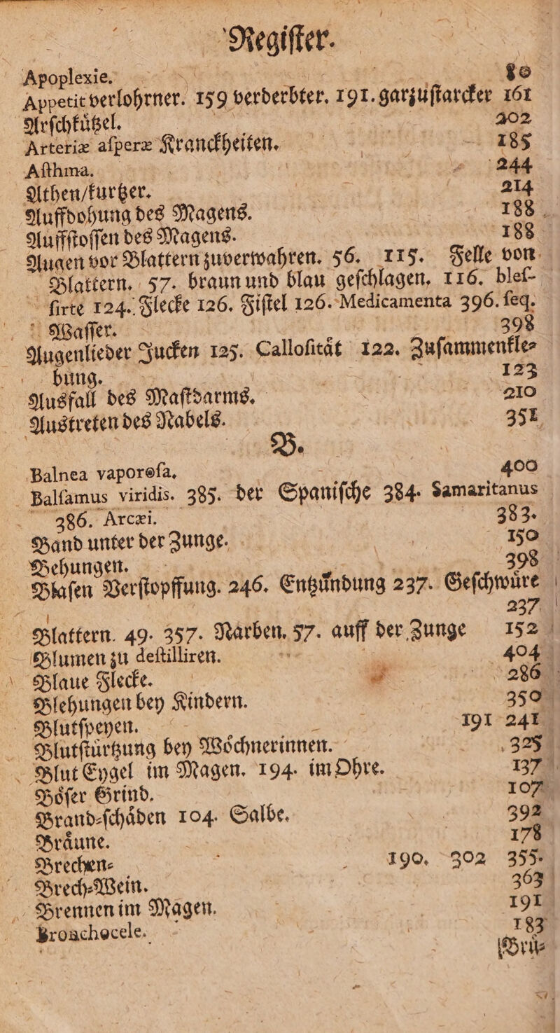 — Apoplexie. 80 N Scene onen 159 verderbter ie; geritten 161 Arſchkuͤtzel. | 202 Aſthma. a 5 8 2 244 Athen / kurtzer. . 214 Auffdohung des Magens. 188 Auffſtoſſen des Magens. 188 Augen vor Blattern zu verwahren. 56. 115. Felle von Blattern. 57. braun und blau geſchlagen. 116. blef- ſirte 124. Flecke 126. Fiſtel 126. Medicamenta 396. I; Waſſer. Agne Jucken 125. Calloſität 122. Senne 123 Au ul des Maſtd arms. 8. 210 Austreten des Nabels. | 351 Balnea vaporefa, ; | 400 Balſamus viridis. 385. der Spaniſche 384. $amaritanus 980: Arcæi. 383. a a der Zunge. | 150 Beh 398 Ä Skafen Verſtopffung 246. Engdung 237. Geſchwüre | 237 Blattern. 49. 357. Narben. 57. auff der Zunge 152 Elumen zu deſtillixen. 404 Blaue Flecke. 8 286 Blehungen bey Kindern. 350 Blutſpeyen. : 191 241 Blutſtuͤrtzung bey Woͤchnerinnen. 325 \ lat Esel im Magen. 194. im Ohre. 137 Boͤſer Grind. 107 Brand⸗ſchaͤden 104. Salbe. | 392 Braͤune. | | 178 Brechen⸗ i 190. 302 35 Brech⸗Wein. 363 Brennen im Magen. | 191 Broschocele. Ws 88 183
