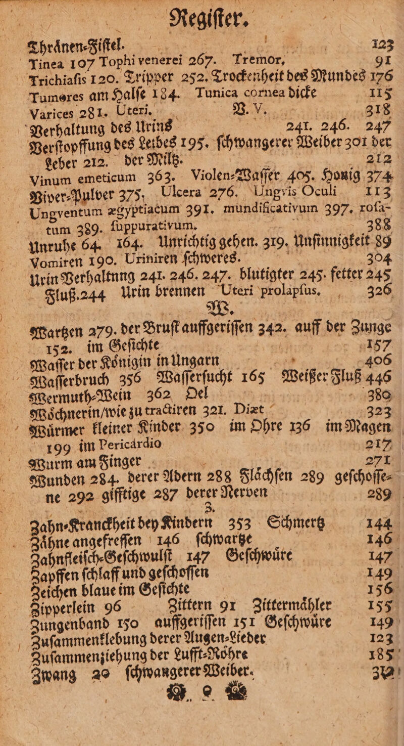 Thraͤnen⸗Fiſtel. | Tinea 107 Tophi venerei 267. Tremor, 7 123 Tumeres am Halſe 184. Tunica cornea dicke 115 Varices 28 1. Uteri. N. W 318 Verhaltung des Urins 241. 246. 247 Leber 212. der Miltz. 212 113 tum 389. ſuppurativum. Vomiren 190. Uriniren ſchweres. Fluß. 244 Urin brennen Uteri prolapſus. 152. im Geſichte Waſſer der Koͤnigin in Ungarn 326 Wermuth⸗Wein 362 Oel Woͤchnerin / wie zu tractiren 321. Diæt a: 1099 im Pericärdio Wurm am Finger Zahn⸗Kranckheit bey Kindern 353 Schmertz Zaͤhne angefreſſen 146 ſchwar ze ahnfleiſch⸗Geſchwulſt 147 Geſchwuͤre apffen ſchlaff und geſchoſſen | eichen blaue im Geſichte Zipperlein 96 Zittern 91 Zittermaͤhler Zungenband 150 auffgeriſſen 15 1 Geſchwuͤre Zuſammenklebung derer Augen⸗Lieder Zuſammenziehung der Lufft⸗Rohre Zwang 20 ſchwangerer Weiber. | . U — — 146 147 156 155 149 123 185 39 1