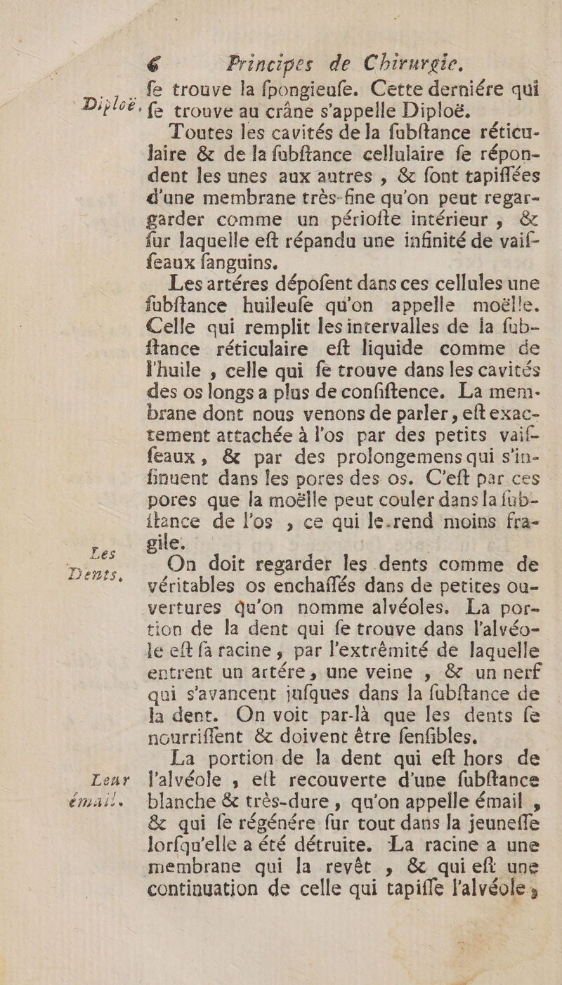 Les Dents, Lenar r er EAI € Principes de Chirurgie. fe trouve la fpongieufe. Cette derniére qui trouve au crâne s'appelle Diploë. Toutes les cavités de la fabftance réticu- laire &amp; de la fubftance cellulaire fe répon- dent les unes aux autres , &amp; font tapiflées d'une membrane très-fine qu'on peut regar- garder comme un périolte intérieur ; &amp; fur laquelle eft répandu une infinité de vaif- feaux fanguins. Les artéres dépofent dans ces cellules une fubftance huileufe qu'on appelle moëlle. Celle qui remplit les intervalles de la fub- ftance réticulaire eft liquide comme de l'huile , celle qui fe trouve dans les cavités des os longs a plus de confiftence. La mem- brane dont nous venons de parler , eft exac- tement attachée à l'os par des petits vaif- feaux, &amp; par des prolongemens qui s'in- finuent dans les pores des os. C'eft par ces pores que la moëlle peut couler dans la fub- {tance de l'os , ce qui le.rend moins fra- gile. On doit regarder les dents comme de véritables os enchaflés dans de petites ou- vertures Qu'on nomme alvéoles. La por- tion de la dent qui fe trouve dans l’alvéo- le eft fa racine , par l'extrémité de laquelle entrent un artére, une veine , &amp; un nerf qui s'avancent jufques dans la fabftance de la dent. On voit par-là que les dents fe nourriflent &amp; doivent être fenfbles. La portion de la dent qui eft hors de l’alvéole , elt recouverte d'une fubftance blanche &amp; très-dure , qu’on appelle émail , &amp; qui fe régénére fur tout dans la jeuneffe lorfqu'elle a été détruite. La racine a une membrane qui la revêt , &amp; quieft une continyation de celle qui tapiffe l'alvéole,