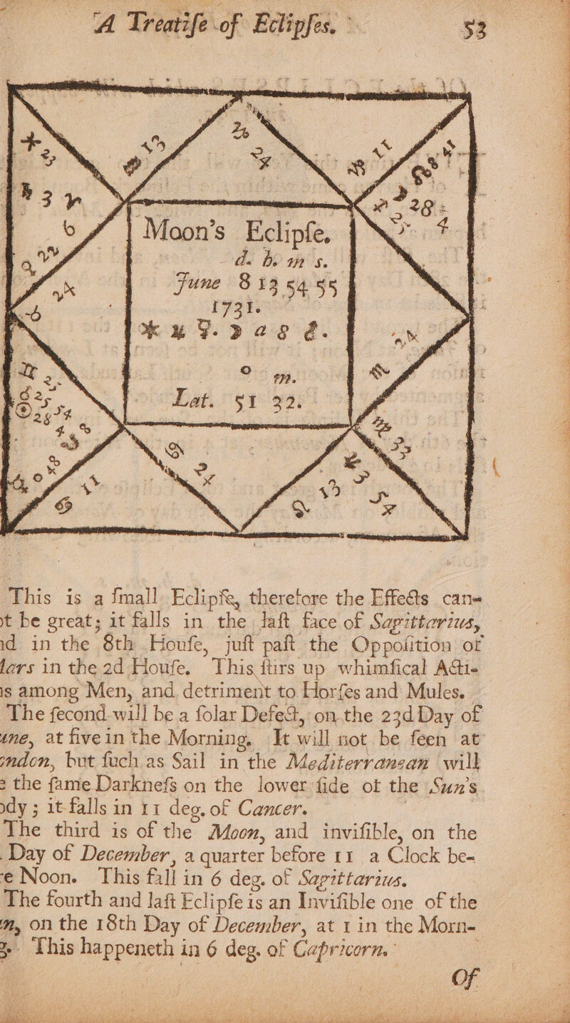 | Moon’s Eclipfe. ds bs Vdi4 S 5 Fune 8 135455 r73¥s Ku F. vag é. © 77?» SH Dai va it be great; it falls in the Jaft face of Sapittarius, id in the 8th .Houfe, juft paft the Oppolition of is among Men, and detriment to Horfes and Mules. . The fecond-will be a folar Defect, on the 23d Day of tne, at fivein the Morning, It will not be feen at ndon, but fuch as Sail in the Mediterranean will 3 the fame Darknefg on the lower fide ot the Sun’s dy ; it-falls in 11 deg. of Cancer. The third is of the Moon, and invifible, on the Day of December, a quarter before 11 a Clock be- ¢ Noon. This fall in 6 deg, of Sapittarius. The fourth and Jaft Eclipfeis an Invifible one of the m, on the 18th Day of December, at 1 in the Morn- 3 This happeneth in 6 deg. of Capricorn. ; : Of