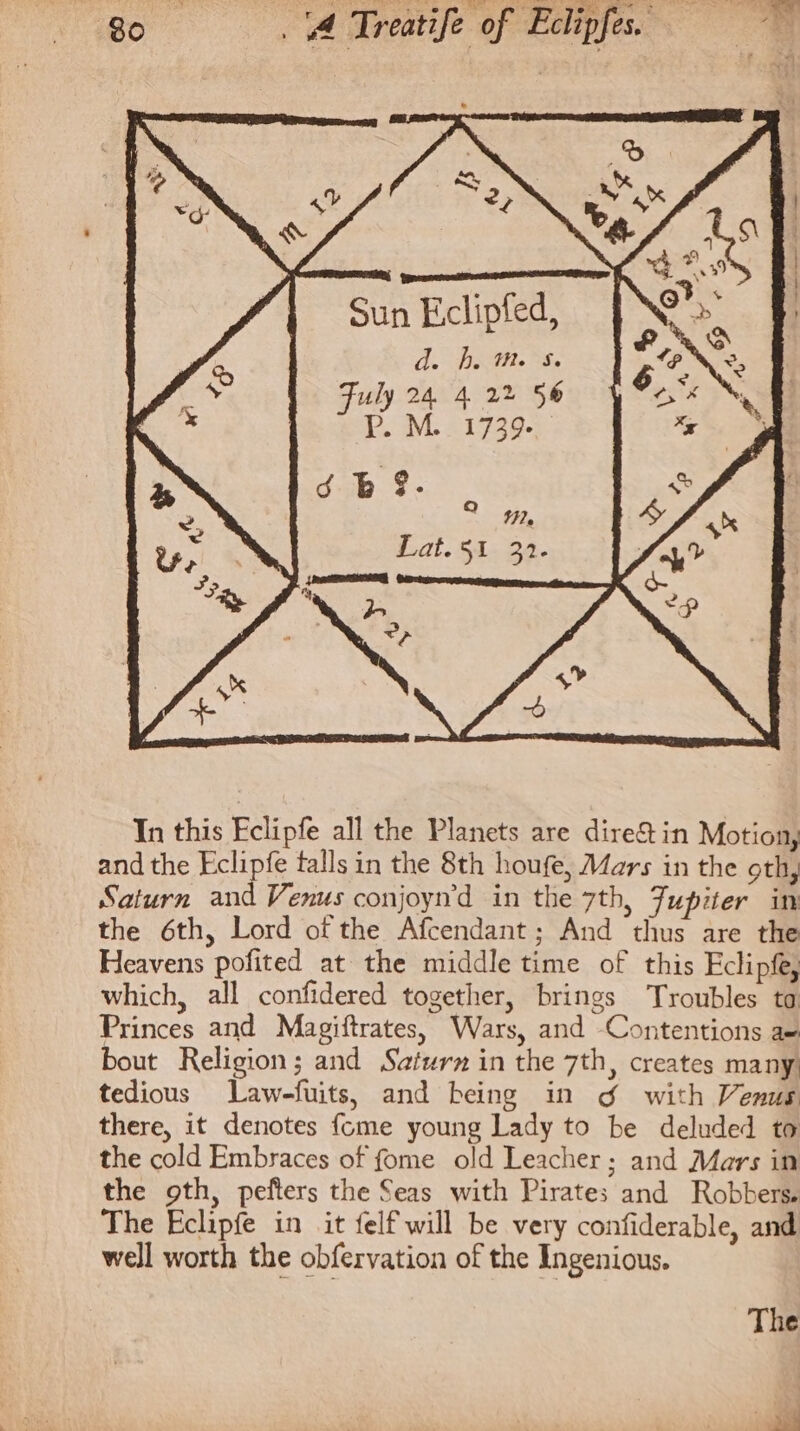 So 0—si(‘éh veatife cf Eeclipfies. Pp. M. 1739. 5 be. WW. Lat. 51 32. In this Eclipfe all the Planets are dire&amp;in Motion, and the Eclipfe falls in the 8th houfe, Mars in the oth, Saturn and Venus conjoyn’d in the 7th, Jupiter in the 6th, Lord of the Afcendant; And thus are the Heavens pofited at the middle time of this Eclipfe, which, all confidered together, brings Troubles ta Princes and Magiftrates, Wars, and Contentions a bout Religion; and Saturn in the 7th, creates many, tedious lLaw-fuits, and being in o&amp; with Venus there, it denotes fome young Lady to be deluded to the cold Embraces of fome old Leacher; and Mars in the oth, pefters the Seas with Pirates and Robbers. The Eclipfe in it felf will be very confiderable, and well worth the obfervation of the Ingenious. The &gt;