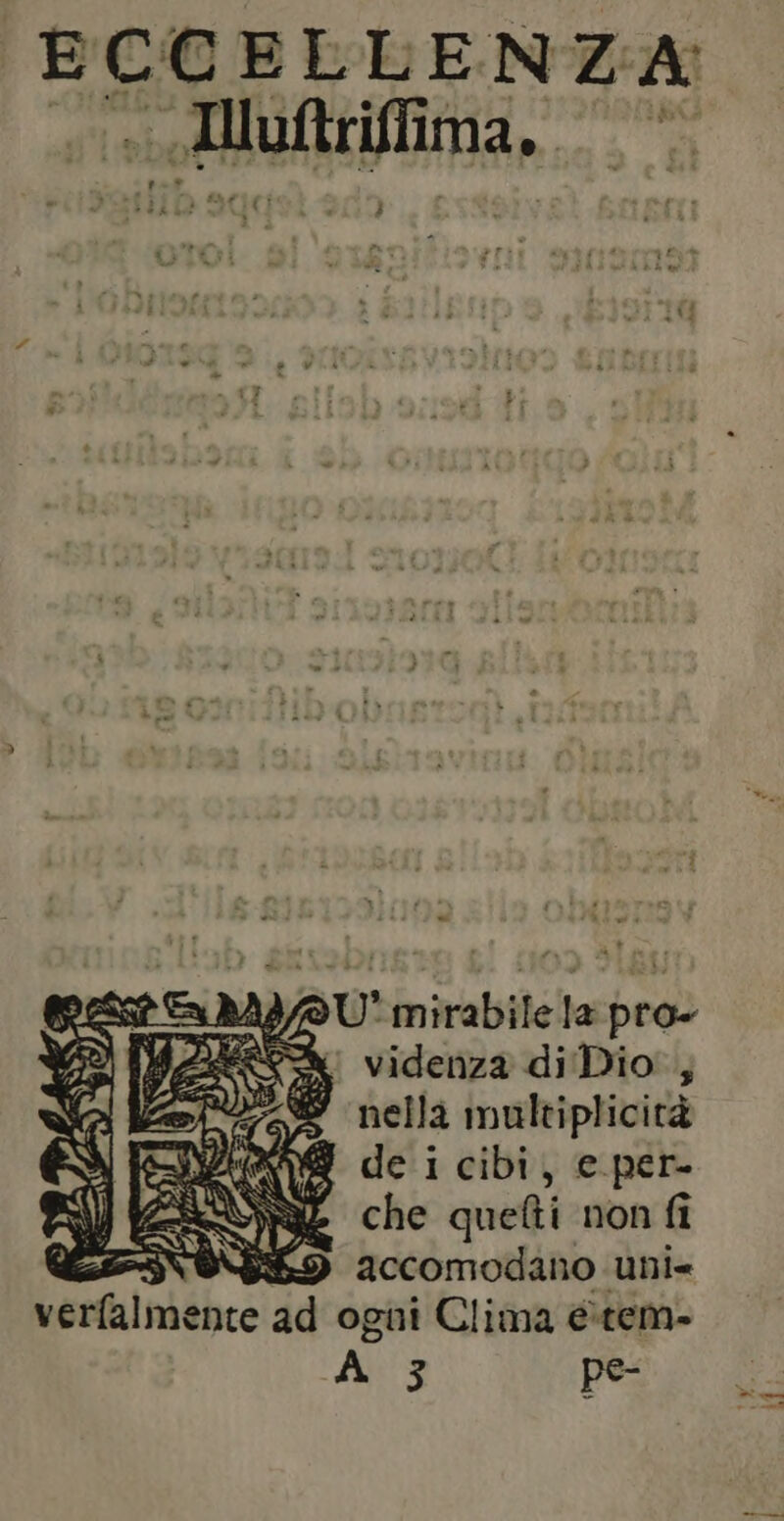 ECCELLENZ:A: À videnza di Dio: 3 AS nella multiplicità De i AC de i cibi, e.per- \ ES VE che quefti non fi 69 accomodano uni= verfalmente ad ogni Clima étem- AS pe-