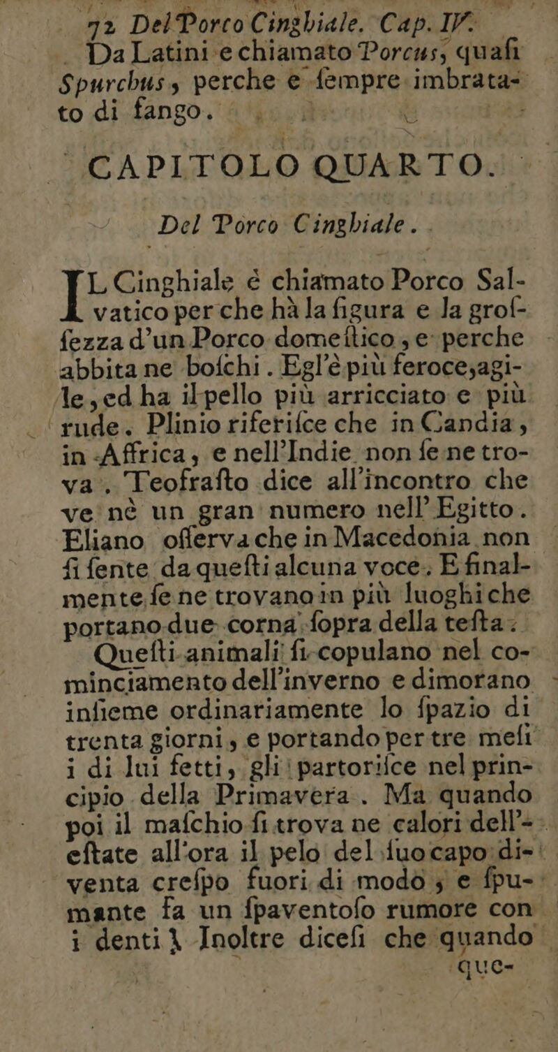 a e de de BRE on sr ii . Da Latini e chiamato Porcus, quafi Spurchus, perche e {empre:imbrata to di fango, |...) à | ‘CAPITOLO QUARTO. Del Porco Cinghiale. . I Ginghislk.è ChismatolPotca:Sak vatico per che hà la figura e la grof- fezza d’un Porco domeftico ; e perche abbita ne bofchi . Egl’è. più feroce;agi- le,ed ha ilpello più arricciato e più rude. Plinio riferifce che in Candia, in -Affrica, e nell’Indie non fene tro- va. Teofrafto dice all'incontro che ve'nè un gran numero nell’ Egitto. Eliano offervache in Macedonia non f fente da quefti alcuna voce. E final mente.fe ne trovanoin più luoghiche portano-due-.corna;fopra della tefta. Quefti-animali fi-copulano nel co- minciamento dell’inverno e dimorano infieme ordinariamente lo fpazio di trenta giorni, e portando pertre meli’ i di lui fetti, gli! partorifce nel prin- cipio della Primavera. Ma quando poi il mafchio fitrova ne calori dell-- eftate all'ora il pelo del {uocapo:di- venta crefpo fuori di modo ; e fpu-: mante fa un fpaventofo rumore con i denti} Inoltre dicefi che quando ‘que