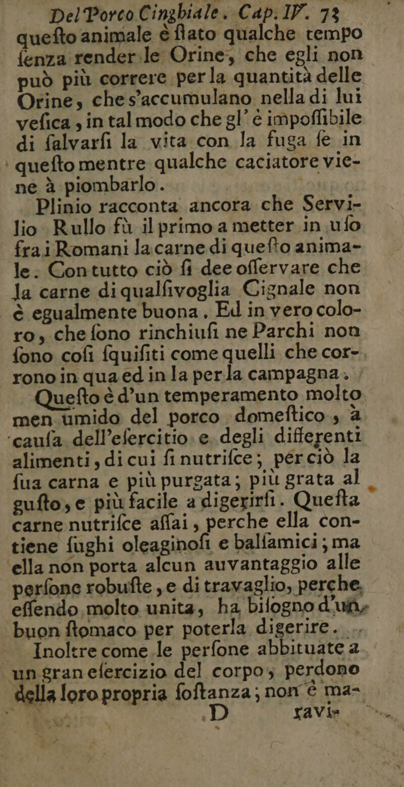 quefto animale è fato qualche rempo fenza renderle Orine, che egli non può più correre perla quantità delle Orine, che s’accumulano nella di lui vefica , in talmodo che gl’ è impoflibile di falvarfi la vita con la fuga fe in + quefto mentre qualche caciatore vie- ne à piombarlo. bas . Plinio racconta ancora che Servi- lio Rullo fù il primo a metter in ufo frai Romani lacarnedi quefto anima- le; Contutto ciò fi dee offervare che Ja carne diqualfivoglia Cignale non è egualmente buona, Ed in vero colo- ro, che fono rinchiufi ne Parchi non fono cofi fquifiti come quelli che cor-, rono in quaedinlaperla campagna. . Quefto è d’un temperamento molto men umido del porco domeftico.s. è ‘caufa dell’efercitio. e. degli differenti alimenti, di cui finutrifce; perciò la fua carna e più purgata; più grata al carne nutrifce affai, perche ella con- tiene fughi oleaginofi e balfamici; ma ella non porta alcun auvantaggio alle perfone robufte ,e di travaglio, perche. effendo molto unita, ha bifogno d'ufe buon ftomaco per poterla digerire. Inoltre come.le perfone abbituate 2 un gran efercizio del corpo, perdono della foro propria REA ; nom è ma- DS