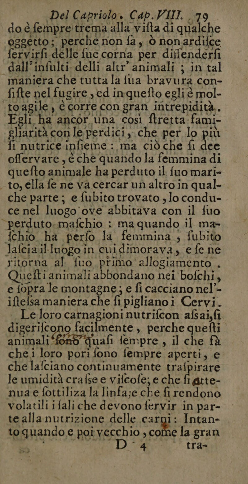 do è fempretrema alla vifta di qualche oggetto; perche non fa y d nonardilce fervirfi delle fue corna per diffenderfi dall’infulti delli altr’ animali ; in tal imaniera che tutta la fua bravura con- fifte nel fugire , ed inquefto egli è mol- toagile, è corre con gran intrepidità.. Egli ha ancor una così ftretta fami- gliarità con le perdiciy.che per lo più fl nutrice infieme : ma ciò che fi dee offervare, € che quando la femmina di quefto animale ha perduto il fuo mari- to, ella fe ne va cercar un altro in qual- che parte; e fubito trovato lo condu- ce nel luogo'ove abbitava con il {ua “perduto. mafchio : ma quando il ma- fchio ha perfo la femmina, fubito Jafciaibluogoin cuidimorava, e fe ne ritorna al. fuo primo allogiamento . Quefti animali abbondano nei bofchi, e fopra le montagne; e fi cacciano nel’- iftelsa maniera che fi piglianoi Cervi. Le loro carnagioni nutrifcon afsai,fi di gerifcono facilmente, perche quefti animali 4348 Quañ fempre , il che fà che i loro pori fono fempre aperti, e che lafciano continuamente trafpirare le umidità crafse e vifcofe; e che fi atte- nuae fottiliza la linfa;e che fi rendono volatili i fali che devono fervir in par- teallanutrizione delle carpi: Intan- toquando e por vecchio , coMe la gran EU à. NUS L) o Rw i>è