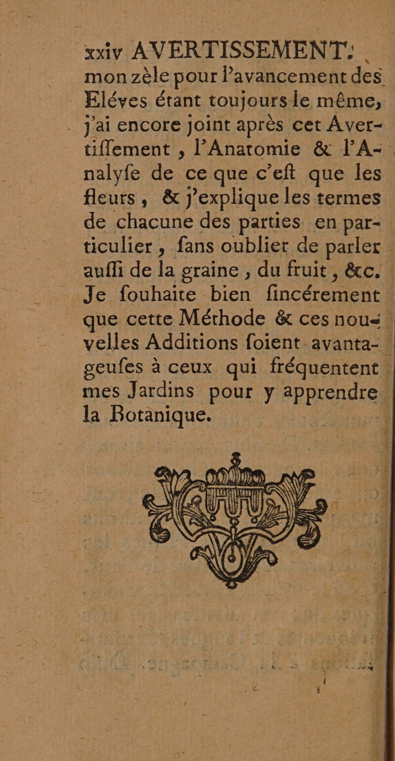 mon zèle pour avancement des Eléves étant toujoursie même, . j'ai encore joint après cet Aver- tiflement , l’Anaromie &amp; l’A-. nalyfe de ce que c’eft que Îles fleurs, &amp; J’explique les termes de chacune des parties en par-. ticulier, fans oublier de parler auffi de la graine , du fruit , &amp;c. Je fouhaite bien fincérement . ue cette Méthode &amp; ces nous : velles Additions foïent avanta-. geufes à ceux qui fréquentent. mes Jardins pour y apprendre. la Botanique. 0 MA-COID ARS LL HTC Ne NN : Ù S; D fe \ Ca 7 ré