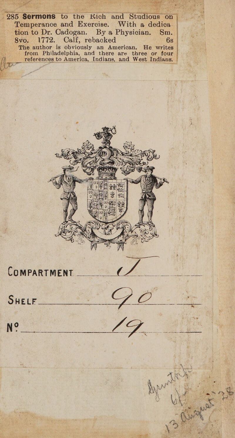 285 Sermons to the Kich and Studious on ‘Temperance and Exercise. With a dedica. tion to Dr. Cadogan. By a Physician. Sm. 8vo. 1772. Calf, rebacked 6s The author is obviously an American. He writes from Philadelphia, and there are three or four oe! references to America, Indians, and West Indians. COMPARTMENT | a oe chitin 1 SHELF N° aes hae