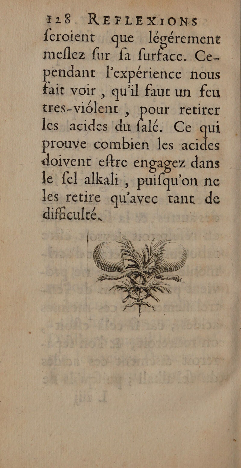 {eroient que légérement meflez fur fa furface. Ce- pendant lexpérience nous fait voir , qu'il faut un feu tres-violent | pour retirer les acides du falé. Ce qui prouve combien les acides doivent eftre engagez dans le fel alkali , puifqu'on ne les retire qu'avec tant de difhculté.