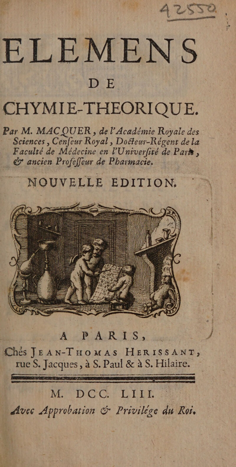ATSSA , isésa manette ELEMENS A LAS du } Chés JEAN-THomaAs HERISSANT, rue S. Jacques, à S. Paul &amp; à S. Hilaire. MENU CSE GE “vec Approbation SG Privilége du Roi.