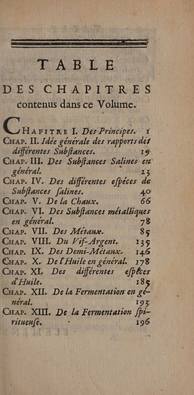 DES CHAPITRES contenus dans ce Volume. C HAPITRE I. Des Principes. 4 Cuar. IL. /dée générale des rapports dés différentes Subflances. I$ - CHar. IL Des Subflances Salines en général. 3 | 23 Cxar. IV. Des différentes efpèces de Subflances [ulines. 40 Car. V. De la Chaux. 66 Cuar. VI. Des Subffances métalliques en géneral. 78 Car. VIL Des Metanx. 85 Cuar. VII. Du Vif-Argent. 135 Cxar. IX. Des Demi-Métaux. 146 Car. X. Del'Huile en général. 178 CHar. XI. Des différentes efpéces d'Huile. 18$ CHar. XII. De la Fermentation eu gé- néral. 193 Cup. XIII. De la Fermentation fpi- ritnenfe. 196 4,