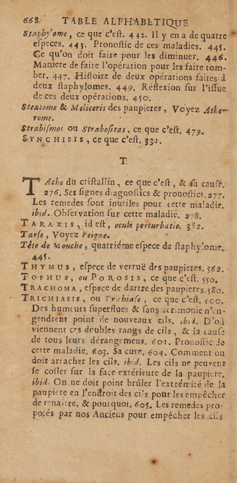 Stabhy'ome, ce que c’eft. 442. Il y en a de quatre” _ efpecés. 443. Pronoftic de ces maladies. 445. &amp;e qu'on doit faire pour les diminuer, 446. Maniere de faire l’opération pour les faire tom- _ber. 447. Hifloire de. deux opérations faites. à deux flaphylomes. 449. Réflexion fur l’iffue de ces deux opérations. 450. | Steniome &amp; Meliceris des paupieres, Voyez Ath es: Tome, : “ Strabifmos Où Strabofitas, ce que c’eft, 479, ÉYNoHISIS,cCeque C’eft. 331. E * Ache dü criftallin, ee que c’eft, &amp; dà caufe. . 276, Ses fignes diagnoflics &amp; pronoftict, 277. Les remedes font inutiles pour cette maladie. _1bid.. Oblervation fur cette maladie, 228. TarRaxirs..ideft, oc perturbatio. 352. Tarle, Voyez Feigre, e: Tête de Mouche; Quatriéme efpece de ftaphy'ome,. 44%. | | TuHymus, efpece de verrué des paupieres, $62. ForHUs, 04 PoRoSsIS, ce que cet, jo, : TRACHOMA, Efpece de dartre des paupieres.580, ÆRicHIASIS, Ou Trichiafe, ce que c'eft, éco, Des humeurs fuperflues &amp; fans acrimonie n°en- gendrent point de nouveaux cils, :4:4, D'où viennent ces doubles rangs de cils, &amp; a caufe de tous leurs dérangemens. 6o1. Pronoltic:de cette maladie, 603. Sa cure, 604, Comment On doit arracher les cils. ib:4. Les cils ne peuvent | fe coller fur la face extérieure de Ia paupicre, sbid. On ne doit point brûler l'extrémité de la paupiere en l'endroit des ci!s pour lesempêcher de renaître, &amp; pourquoi, 605. Les remedes pro: Polés par nos Ançieüs pour empêcher les cils