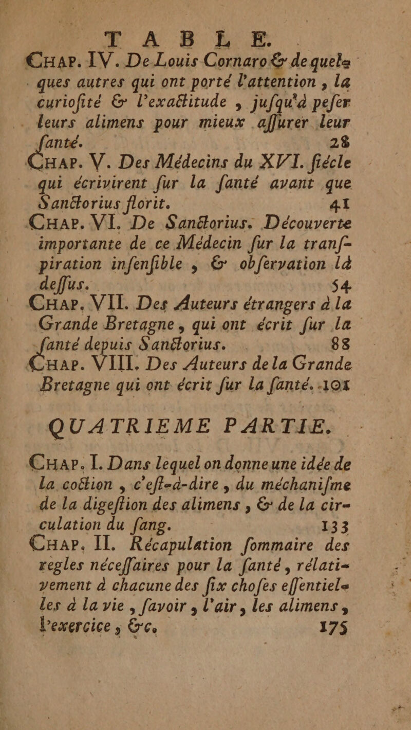 MA BR DS. Car. IV. DeLouis Cornaro&amp; de quela ques autres qui ont porté l'attention , la curiofité &amp; l’exaétitude , jufqu'd pater _ leurs alimens pour mieux affurer ad ante. ue V. Des Médecins du XVI. file qui écrivirent fur la fanté avant que Santtorius florit. 41 CHAP. VI. De Sanétorius. Découverte importante de ce Médecin fur la tranf- piration infenfr ible | &amp; obferyation là deffus. $4 | Cuap, VIL. Des Auteurs étrangers ala Grande Bretagne, qui ont écrit fur i > depuis Sanétorius. . Hae. VIIL Des Auteurs dela ath Bretagne qui ont écrit fur la fanté. 10% QUATRIEME PARTIE. Cuap. I. Dans lequel on donne une idée de la coétion , c’efted-dire , du méchani/me de la digeftion des alimens , &amp; de la cir- culation du fang. 133 Cuap. Il. Récapulation fommaire des regles néceffaires pour la fanté, rélati= vement à chacune des fix chofes effentiele les à la vie, [avoir 4 l'air, les alimens , bexercice ; Be. 175
