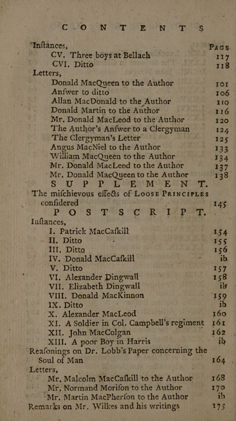 CoO La or Te ile 1 Re “Inftances, Pacy. CV. Three boys at Bellach 7 117 CVI, Ditto r18 Letters, | Donald MacQueen to the Author IOI Anfwer to ditto 106 Allan MacDonald to the Author 110 Donald Martin to the Author 116 Mr. Donald MacLeod to the Abies 120 The Author’s Anfwer to a Clergyman 124 The Clergyman’s Letter 125 Angus MacNiel to the Author vee ey William MacQueen to the Author 134 Mr. Donald MacLeod to the Author 137 Mr. Donald MacQueen to the Author 138) SU POP BYE ME ON AE The mifchievous effects of Loose PRINCIPLES confidered . 149 Pe SRS aR a ees Inftances, | | I, Patrick MacCafkilt 154 IL. Ditto . 155 Ili, Ditto | 156 IV. Donald MacCafkill © . ib V. Ditto 157 VI, Alexander Dingwall 158 VII. Elizabeth Dingwall ils VIII. Donald MacKinnon ‘159 IX. Ditto ib X. Alexander MacLeod 160 XI. A Soldier in Col. Campbell’s regiment 161 XII, John MacColgan 162 XII. A poor Boy in Harris - ib ‘Reafonings on Dr. Lobb’s Paper concerning the Soul of Man 164 . Letters, : Mr. Malcolm MacCafkill to the tl 168 Mr. Normand Morifon to the Author 170 ‘Mr. Martin MacPher{on to the Author ib Remarks on Mr, Wilkes and his writings 175 ~“