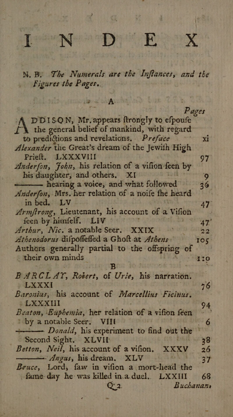 fete Dy BON N. By The Numerals are the Inflances, and the Figures the Pages. 3 A. : 2 | Pages DDISQN, Mr. appears ftrongly to efpoufe f\ the general belief of mankind, with regard to predictions and revelations. Preface ~~ — xi Alexander the Great’s dream of the Jewith High Prieft. LXXXVIII 97 Anderfon, Fohn, his relation of a vifion: feen by his daughter, and others, XI hearing a voice, and what foliewred 36 Anderfon, Mrs. her relation of a noife fhe heard in bed. LV 47 Armfirong, Lieutenant, his account of aE Mion : feen by himfelf. LIV 47 Arthur, Nic. a notable Seer. XXIX PtH 22 Athenodorus difpoflefled a Ghoft.at Athens, = 105 Authors generally partial to the is 5 of their own minds _ Ir0 BARCLA Yr, Roéert, of Urie, his. narration. LXXXI 76 Baronius, his account of Marcellius Ficinus. LEXXUI 4 Beaton, Euphemia, her reldeion of a vifion feen ; ‘ by a notable Seer. VIII OS 4 +—— Donald, his experiment to find out the . _ - Second Sight. XLVI 38 Betton, Neil, his account of a vifion, XXKV 26 - Angas, hisdream. XLV 7 Bruce, Lord, faw in vifion a mort-head the fame-day he was killed in.a.duel.. LXXIII 68