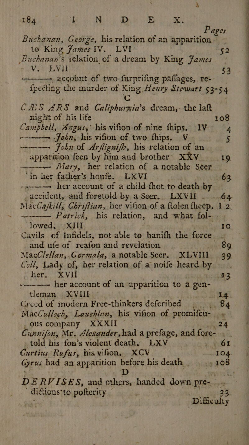 Pages Buchanan, George, ii relation of an apparition to King James IV. LVI 52 Buchanan's relation of a dream by King James V. LVI 53 account of two furprifing paflages, re- ‘fpetting the murder of wing Henry Stewart §3-54 Cas ARS and Caliphurmia’s dream, the Jaft night of his life 108 Campbell, Aagus,’ his vifion of nine fhips. 1V 4 John, his vifion of two fhips. V 5 —~ John of Arflignifh, his relation of an apparition feen by him and brother XXKV 19. —--- /Mary, her relation of a notable Seer ‘in her father’s houfe. LXVI 63 her account of a child fhot to death by accident, and foretold by aSeer. LXVIL .. ..64 Mactafill, Chriftian, her vifion of a ftolen fheep. 1 2 Patrick, his relation, and what fol-. es lowed. XIII 19a Cavils of Infidels, not able to banifh the force . and ufe of reafon and revelation 89 MacClellan, . Germala, a notable Seer. XLVIII 39 Coll, Lady of, her relation of a noife heard by her. XVII 13 - her account of an apparition to a gen- tleman XVIIL 14 Greed of modern Free-thinkers defcribed _ ar eee MacCulloch, Lauchlan, his vifion of promifcu- ous company XXXII — 24 C unnifon, Mr. Alexander, had a prefage, and fore- vo told his fon’s violent death, LXV .. 6 Curtius Rufus, his vifion. KCV 104 rus had an apparition before his death _ » 108 D , D ERVISES, and others, handed down pre: st . | ditions: to pofterity 33 Dificulty