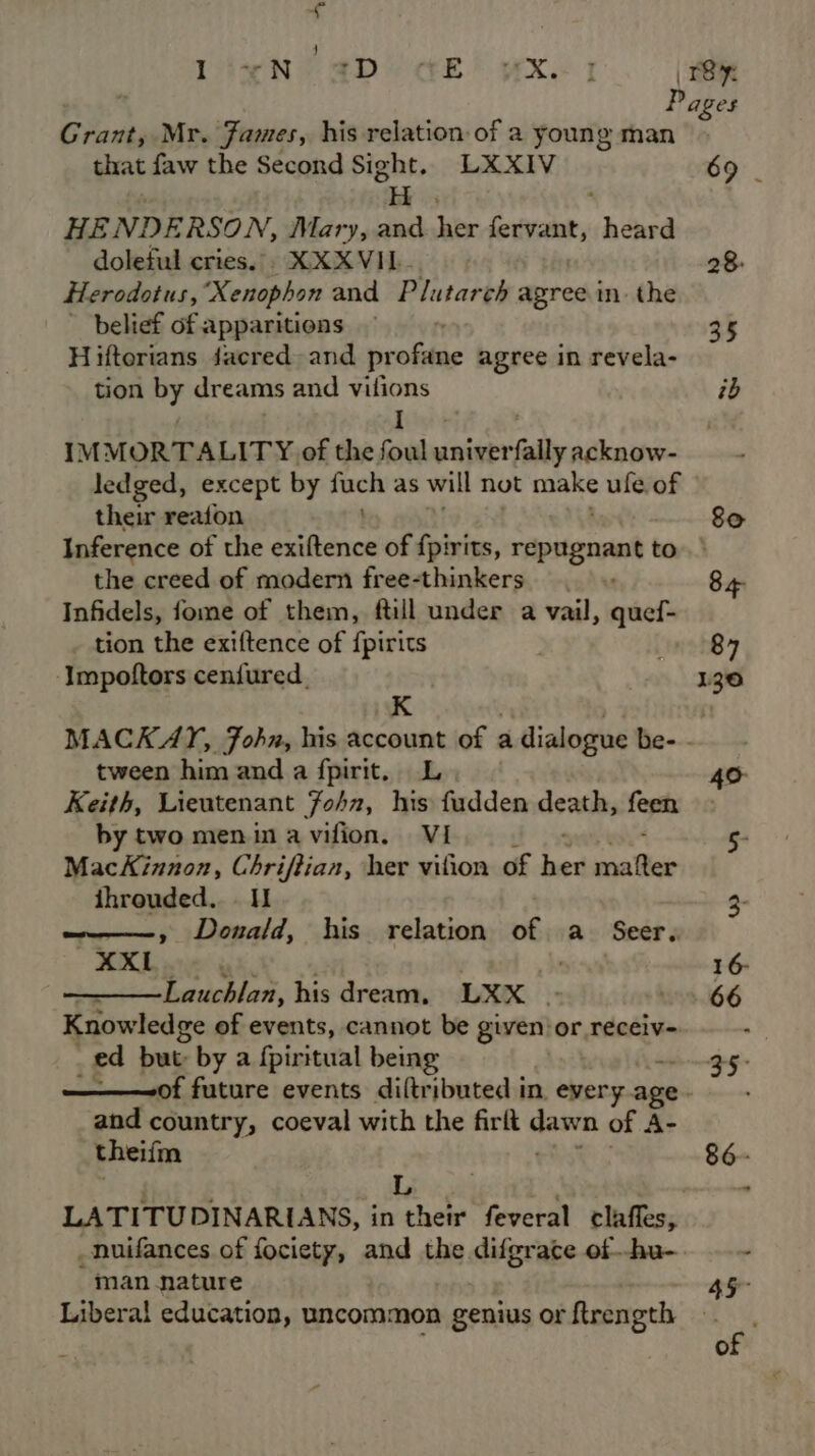 lixN) aD GE) wxX.1 . (atm | Pages Grant, Mr. James, his relation of a young man that faw the Second Sight. LXXIV 69 | Hy - - HENDE RSON, Mary, and her fervant, heard doleful cries. XXX VIL. 28. Herodotus, ‘Xenophon and Plutarch agree in. the - belief of apparitions 35 Hifterians Jacred and Srelithe agree in revela- tion by dreams and vilions ib IMMORTALITY of the foul univerfally acknow- ledged, except by hack as will not sei ule. of their reafon So Inference of the poe of {pirits, repugnant to.’ the creed of modern free-thinkers 84 Infidels, fome of them, ftill under a vail, quef- tion the exiftence of {pirits 87 ‘Impoftors cenfured. 130 K . ) MACKAY, John, his account of adialogue be-- tween him and a fpirit. L 4 Keith, Lieutenant Zohn, his fudden death, feen by two men ina vifion, VI 5- MacKinnon, Chriftian, her vilion of hed saa isle ihrouded. . H 3 » Donald, his relation of a Seer, XXL . 16- Lauchlan, his dream, LXX_ * 66 Knowledge of events, cannot be given'or receiv- - _ed but: by a fpiritual being erst of future events diltributed in. every age and country, coeval with the firlt engi of A- theifm 86- . L : m LATITUDINARIANS, in their feveral claffes, _nuifances of fociety, and the difgrace of--hu- . man nature Liberal education, uncommon genius or ftrength