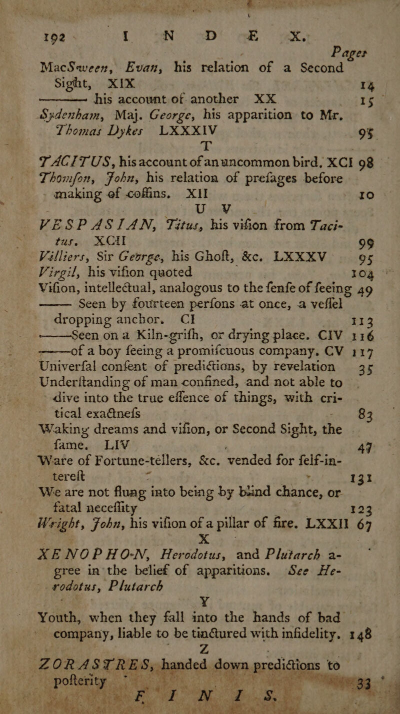 Pages MacSween, Evan, his relation of a Second Sight, XIX 14 his account of another XX 4 eee Sydenham, Maj. George, his apparition to Mr, Thomas Dykes LXXXIV 95 T TACITUS, his account of anuncommon bird, XCI 98 Thomfon, Fohn, his relation of prefages before making ef cofins, XII Io UV VE ESPASIAN, Titus, his vifion from Taci- tus. XCII 99 Villiers, Sir George, his Ghoft, kc. LXXXV 95 Vifion, intellectual, analogous to the fenfe of feeing 49 Seen by Beikiceo perfons at once, a veflel dropping anchor. CI 113 Seen on a Kiln-grifh, or drying place. CIV 116 of a boy feeing a t promifcuous company. CV 117 Univerfal confent. of predictions, by revelation 35 Underltanding of man confined, and not able to dive into the true eflence of things, with cri- tical exactnefs Wakiny dreams and vifion, or Second Sight, the fame. LIV Ware of Fortune-tellers, &c. vended for felf-in- terelt 131 We are not fluag i into being by biind chance, or. fatal neceflity | Meee John, his vifion i a pillar of fire. LXxil 5 XE N OPHO-N, Her eo and Plutarch a- gree in the belief of apparitions. See He- rodotus, ‘Plutarch